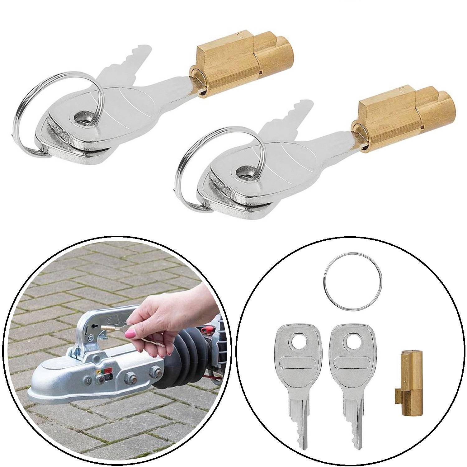 Zwei Anhängerkupplungsschlösser mit Schlüsseln und einem Messingzylinder. Die Einblendung zeigt eine Hand, die einen Anhänger mit einem Schloss sichert.
