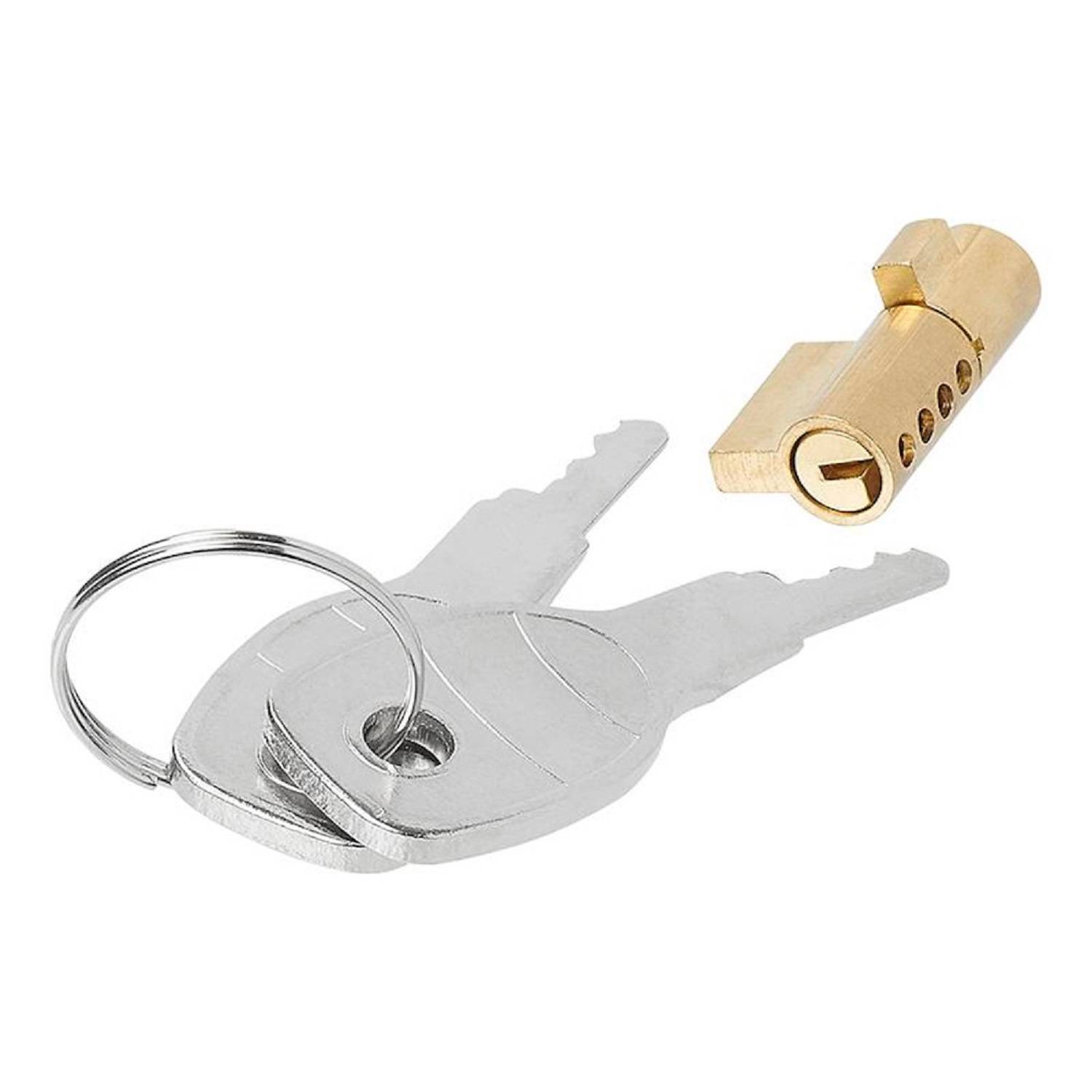 Zwei silberne Schlüssel an einem Metallring neben einem Messingzylinderschloss.