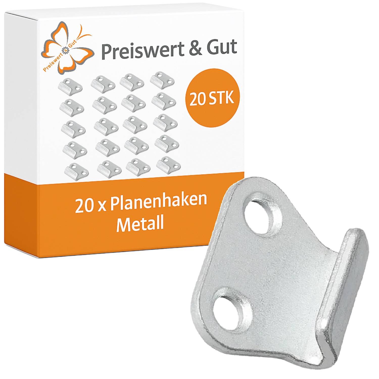 Karton mit der Aufschrift Preiswert & Gut, 20 STK, enthält 20 Metall-Planenhaken. Ein Metallbügel mit zwei Löchern wird separat gezeigt.