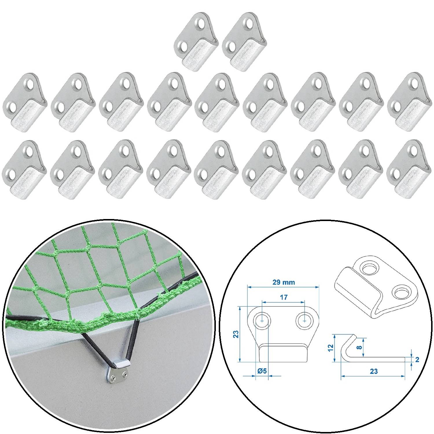 Metallklammern zum Befestigen von Netzen, in einer 20er-Packung. Enthält ein Anwendungsbeispiel mit einem grünen Netz und eine technische Zeichnung mit Maßangaben.