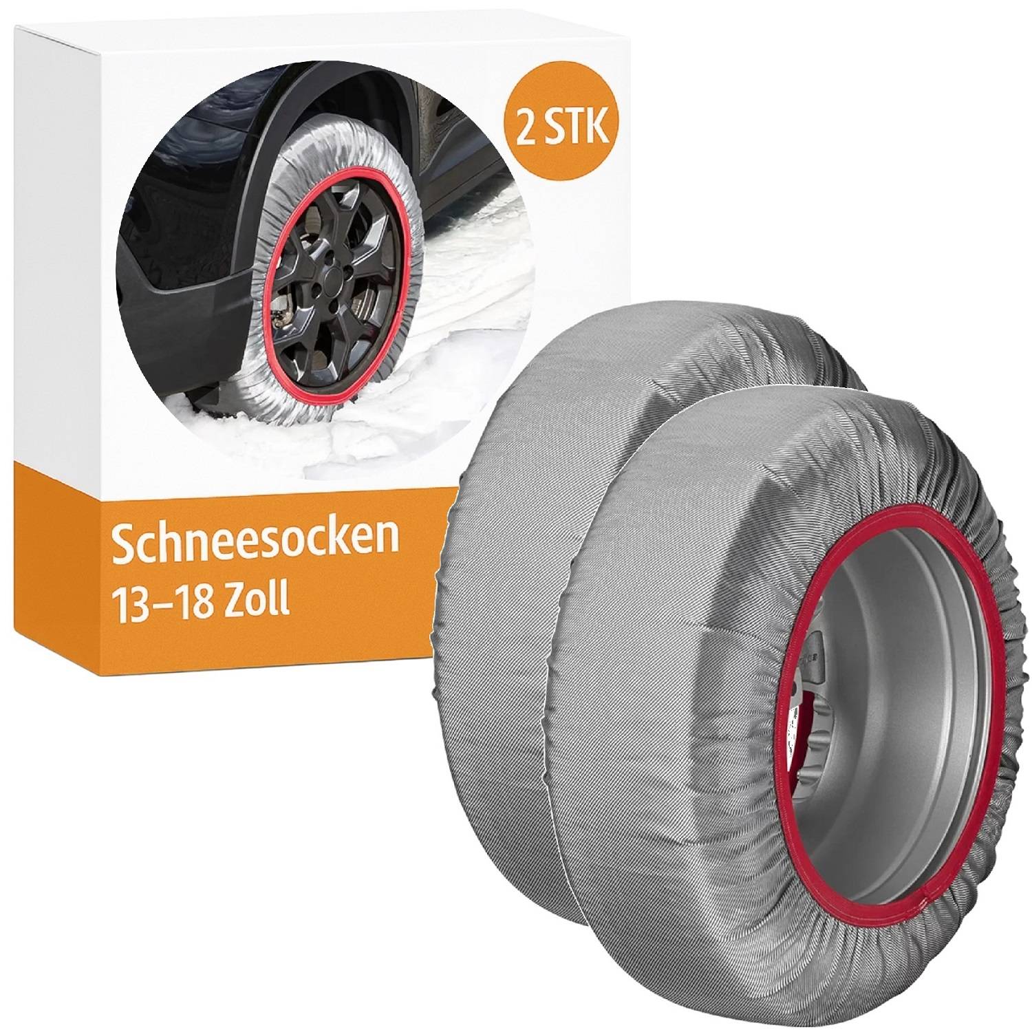 Schneesocken-Verpackung, die Socken auf einem Autorad zeigt, mit der Beschriftung 'Schneesocken 13-18 Zoll', geeignet für Traktion im Schnee.