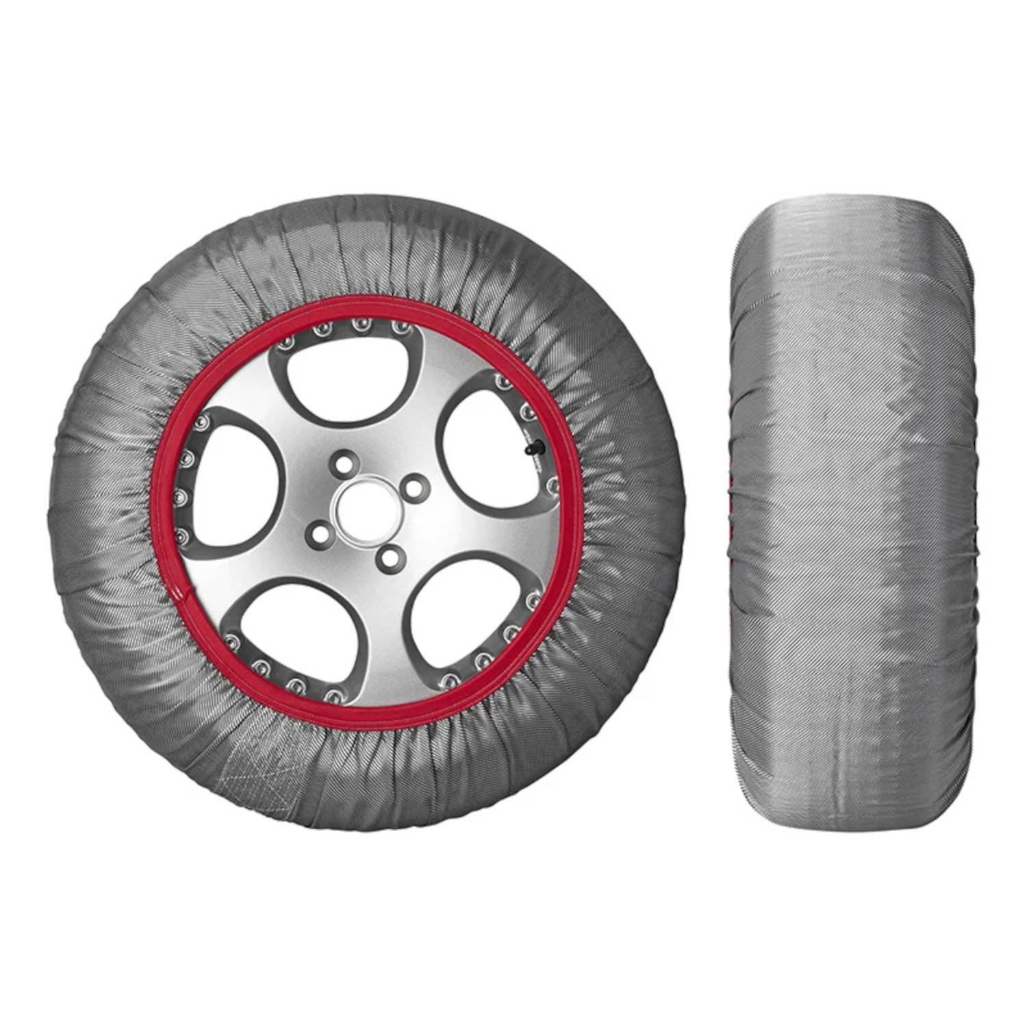 Zwei Ansichten eines Reifens mit einer silbernen Alufelge, die mit einem Stoffüberzug bedeckt ist. Der Überzug ist glatt, was auf Schutz oder zusätzlichen Grip hindeutet.