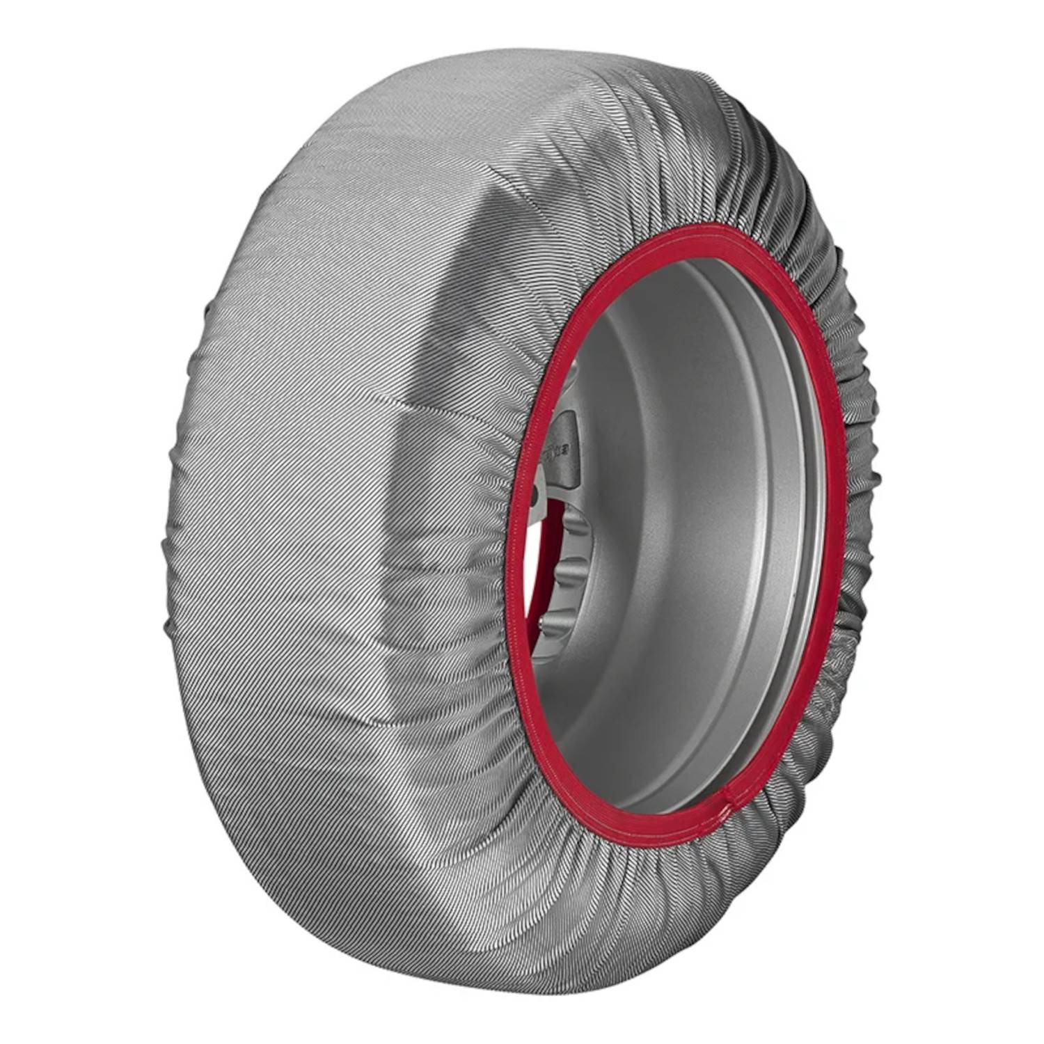 Ein Autoreifen, der mit einem Schutzstoff überzogen ist und einen Teil der metallischen Felge freilässt. Die Abdeckung scheint zum Wetterschutz konzipiert zu sein.