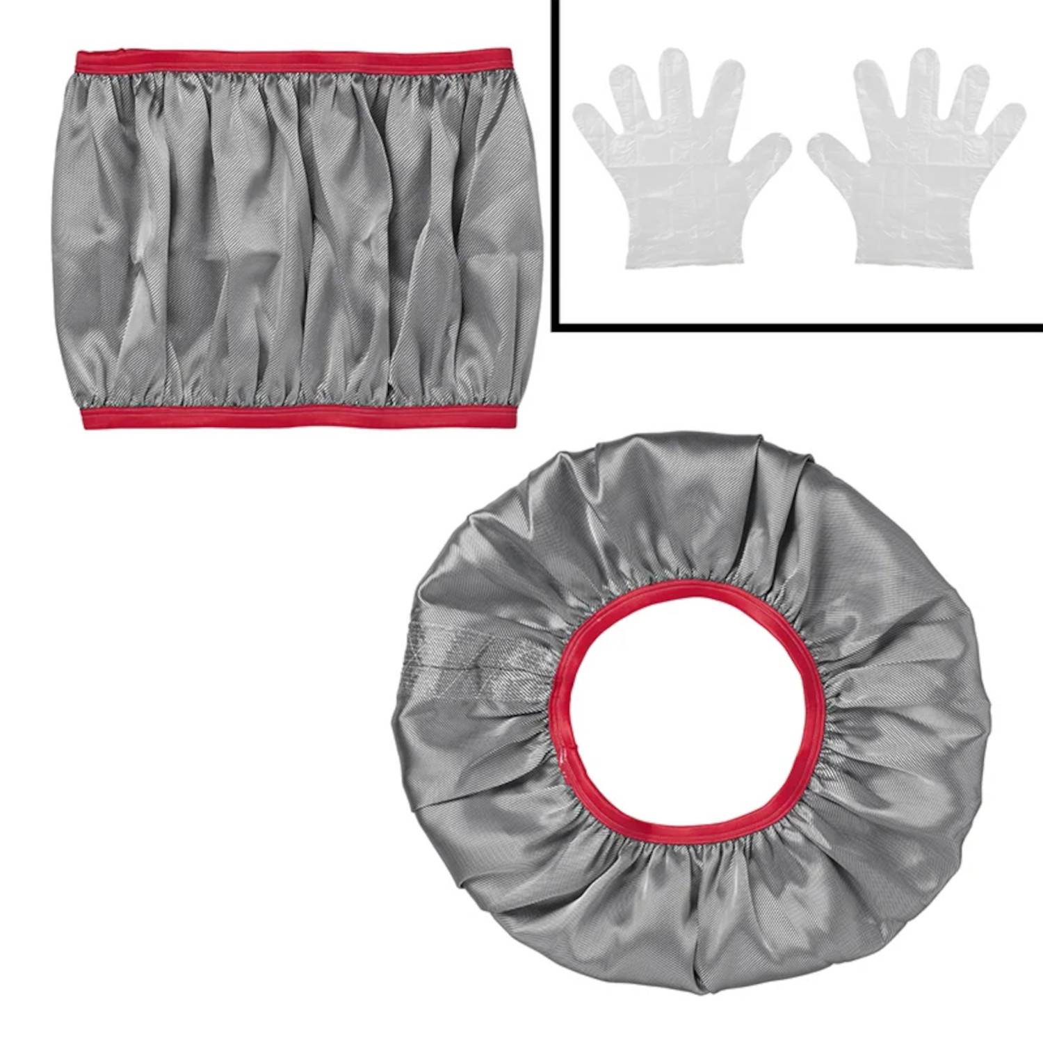 Graue Satin-Haube und Haargummi mit rotem elastischem Rand, und zwei weiße Handschuhe in einem separaten Einsatzbild.