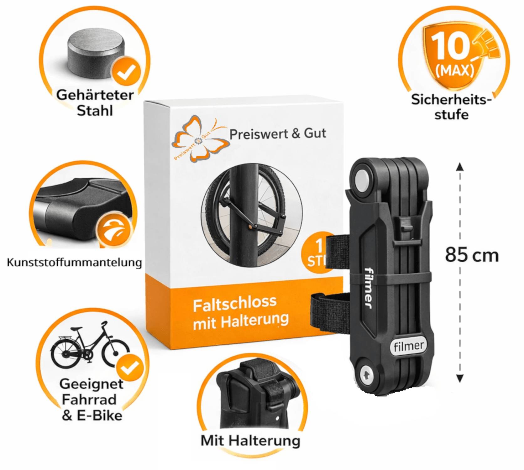 Faltschloss Fahrrad 85cm mit Halterung – Stahl Sicherheitsstufe 10 faltbares Fahrradschloss 2 Schlüsseln für E-Bike