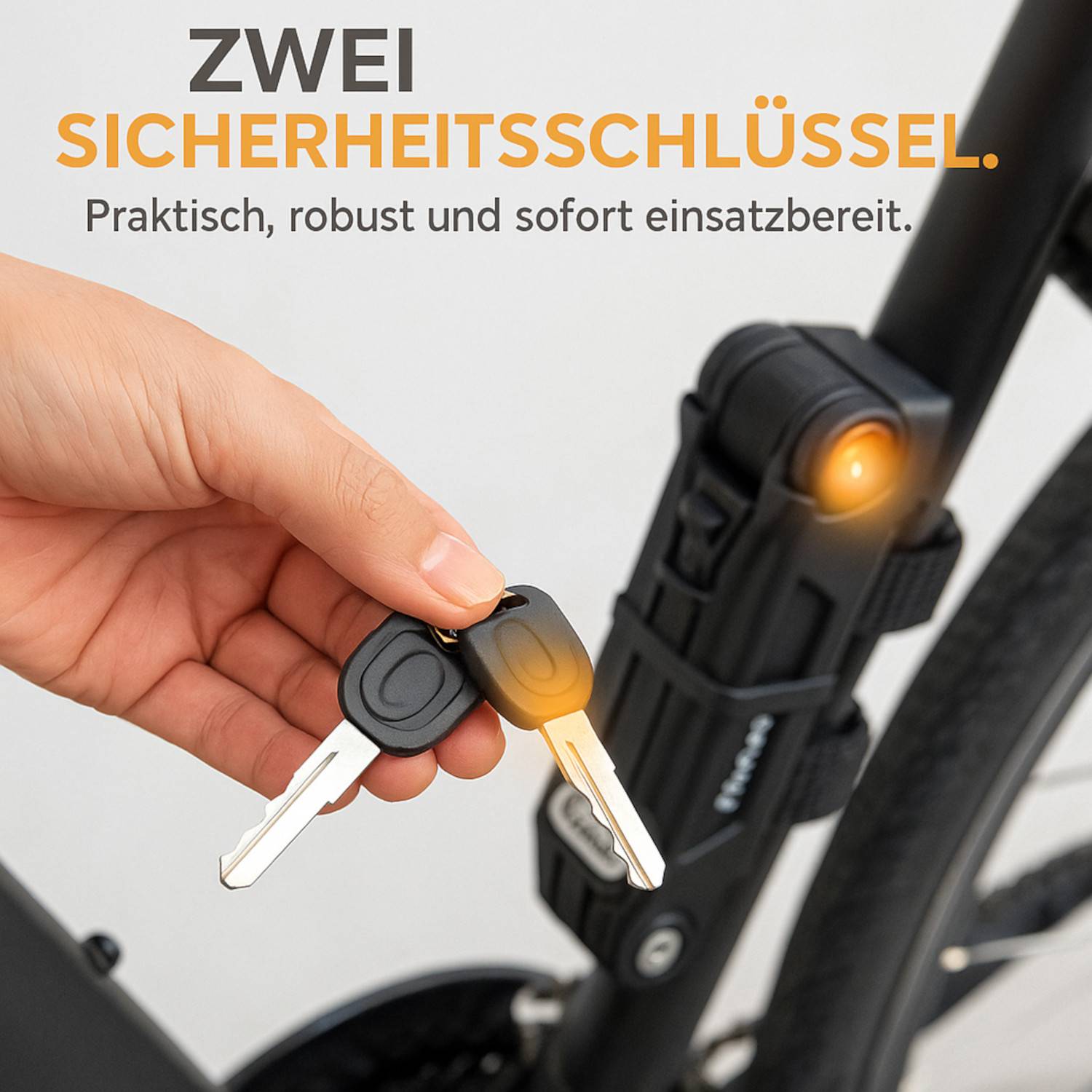 Hand hält zwei Schlüssel in der Nähe eines Fahrradschlosses mit leuchtender LED. Text lautet 'ZWEI SICHERHEITSSCHLÜSSEL. Praktisch, robust und sofort einsatzbereit.