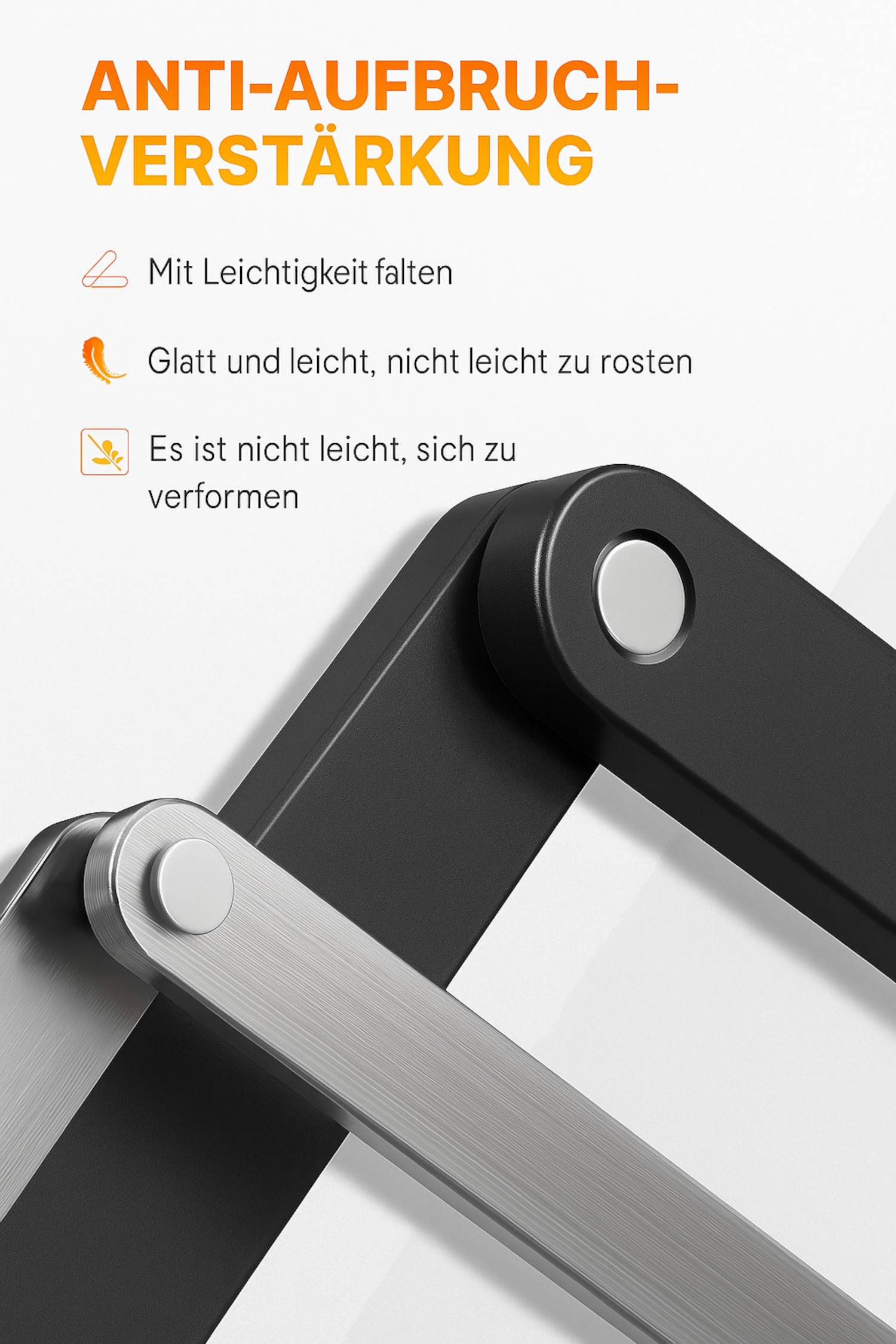 Mit Leichtigkeit falten. Glatt und leicht, nicht zu rosten. Es ist nicht leicht, sich zu verformen. Schwarze und silberne verstellbare Metallscharniere.