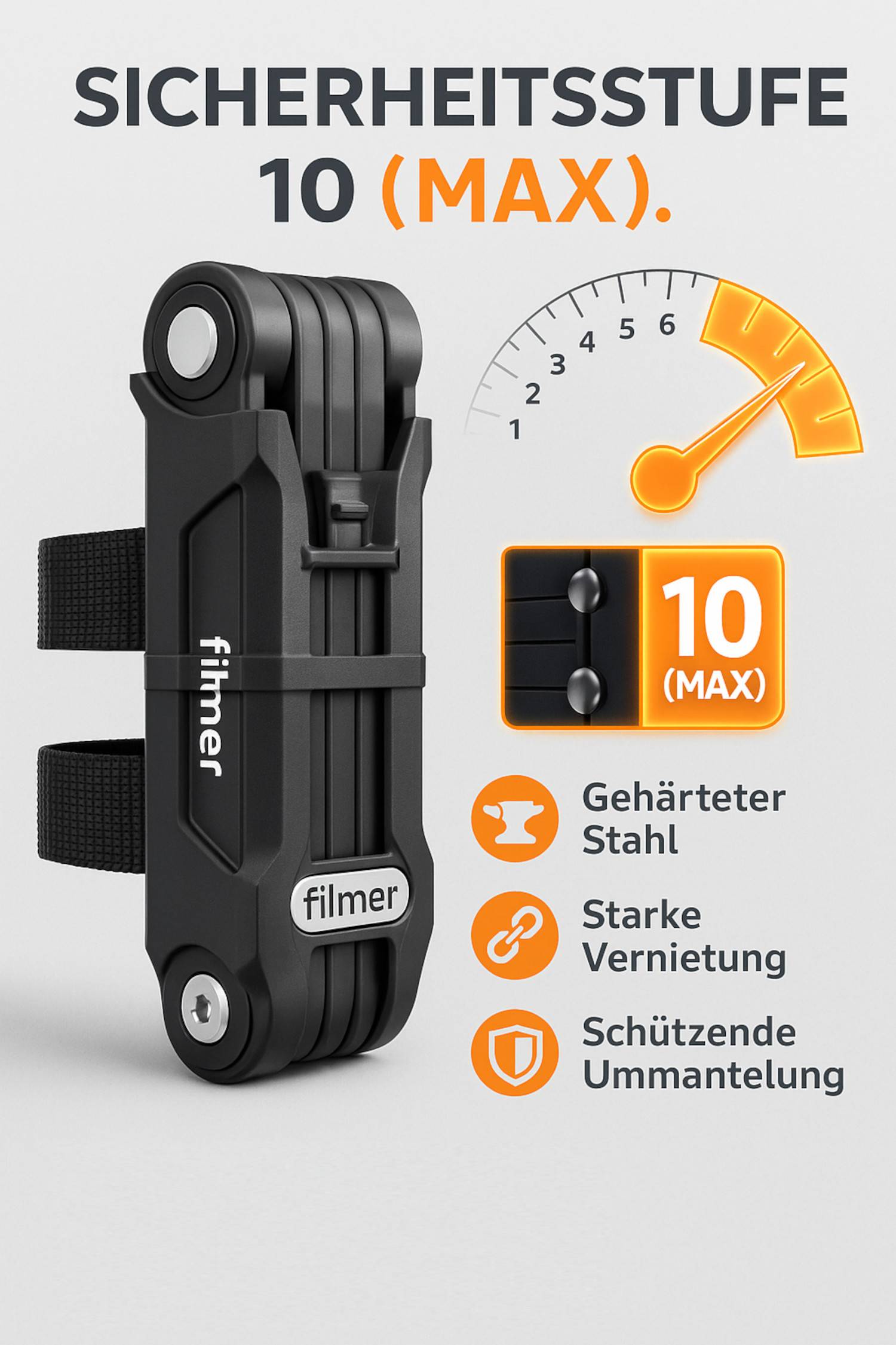 Filmer' faltbares Fahrradschloss mit einer Sicherheitsstufe von 10, dargestellt mit einer illustrierten Skala, die die maximale Stärke anzeigt. Der deutsche Text hebt seinen gehärteten Stahl, starke Nieten und schützende Beschichtung hervor.