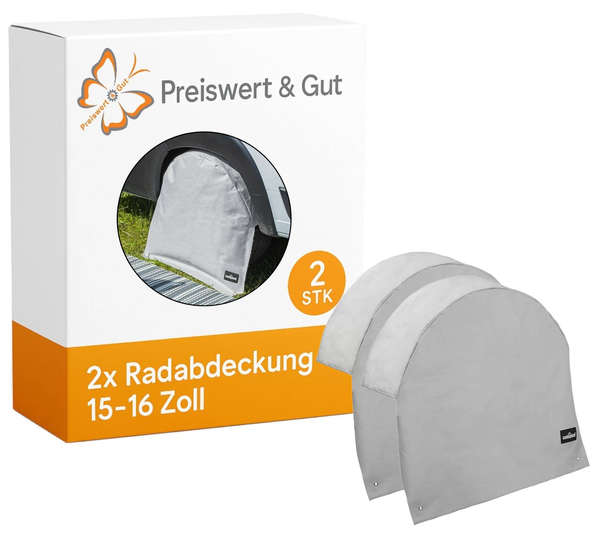 Verpackung für zwei graue Radkappen, geeignet für 15-16 Zoll Reifen, mit einem kleinen kreisförmigen Bild, das die Radkappe im Einsatz zeigt.