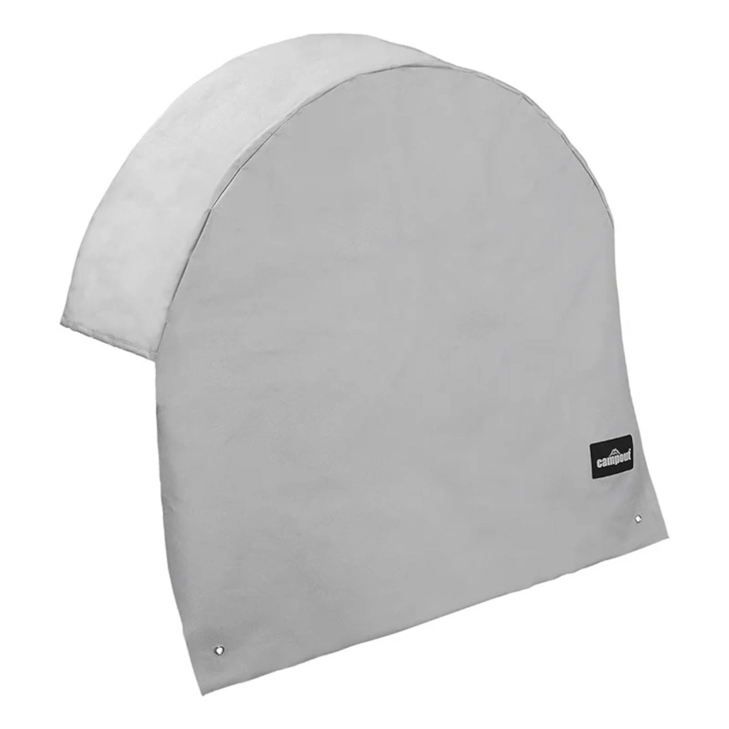 Eine graue Reifenabdeckung mit einem Logo in der unteren Ecke. Sie ist halbkreisförmig und dient dazu, den Reifen vor Witterungseinflüssen zu schützen.