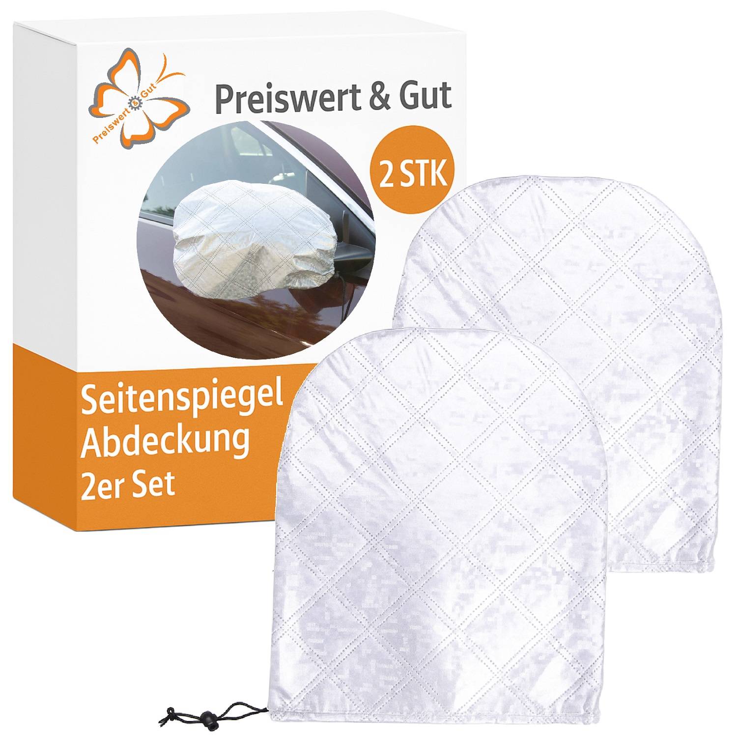Seitenspiegelabdeckungen, verpackt mit deutschem Text 'Preiswert & Gut'. Die Abbildung zeigt zwei Abdeckungen mit einer Kordelzugverschließung in Steppoptik.