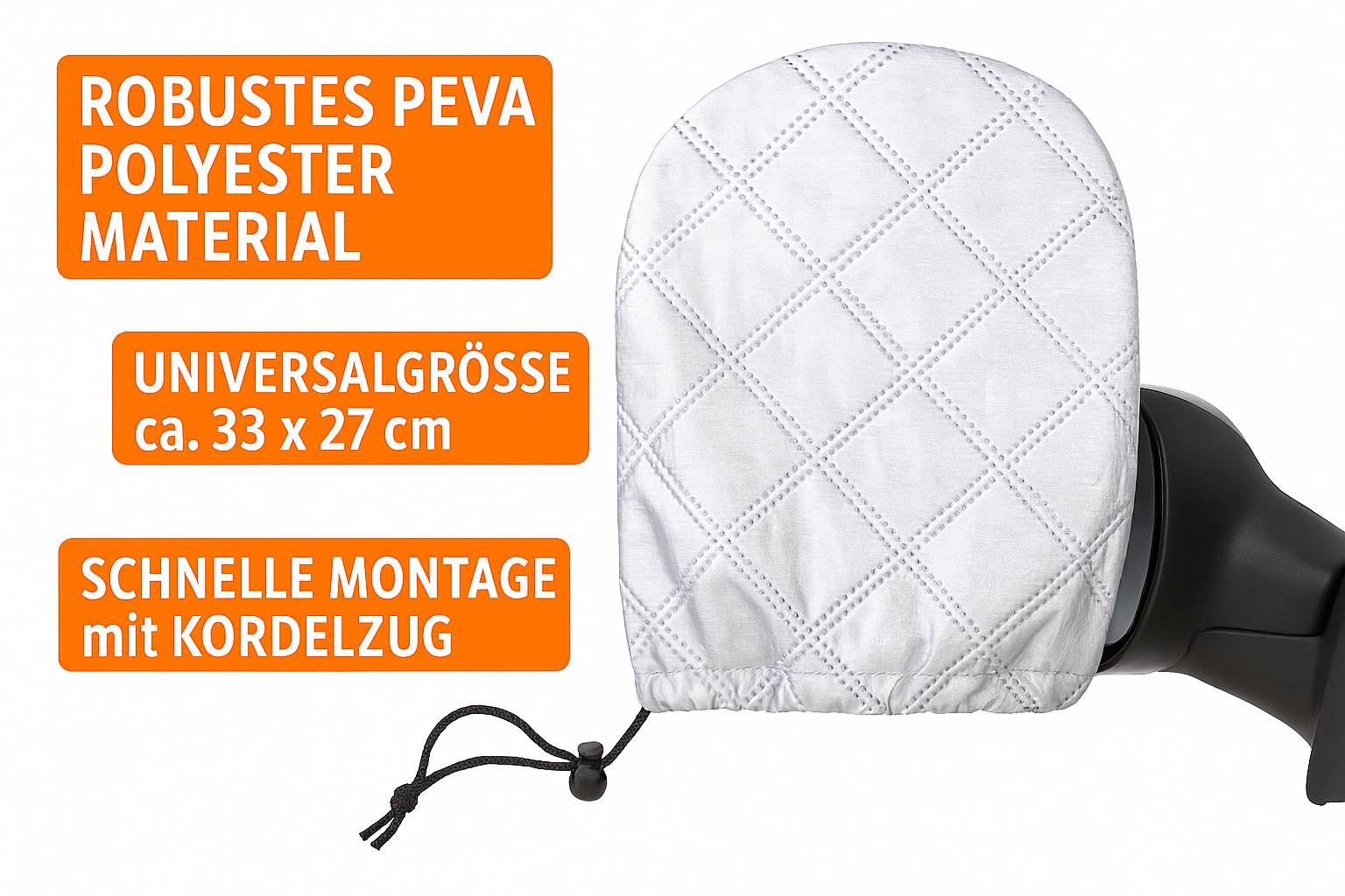Ein weißer Außenspiegel-Überzug mit Diamantmuster-Struktur. Text lautet 'Höchstes PEVA Material', 'Universalgröße 32 x 27 cm', 'Schnelle Montage Kordelzug'.