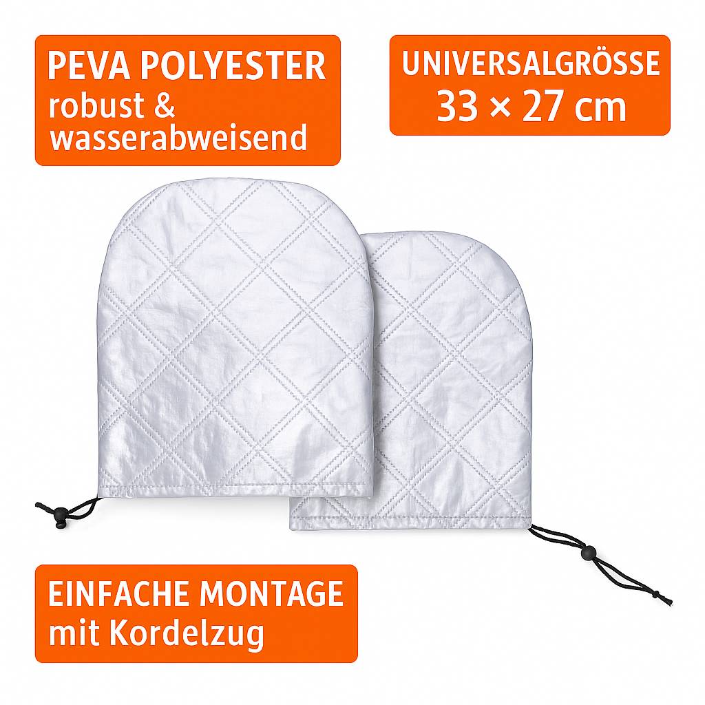 Zwei gesteppte PEVA-Polyester-Bezüge, robust und wasserdicht, mit Kordelzug. Universelle Größe 33×27 cm. Einfache Installation.