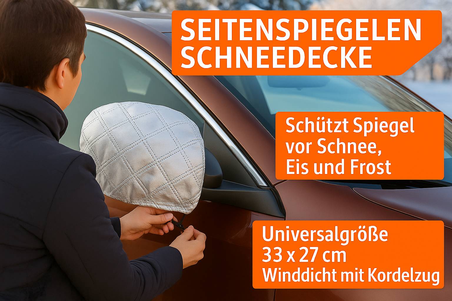 Eine Person zieht eine gesteppte Abdeckung über den Außenspiegel eines Autos, um ihn vor Schnee und Frost zu schützen. Text in Orange bewirbt die Produktmerkmale.