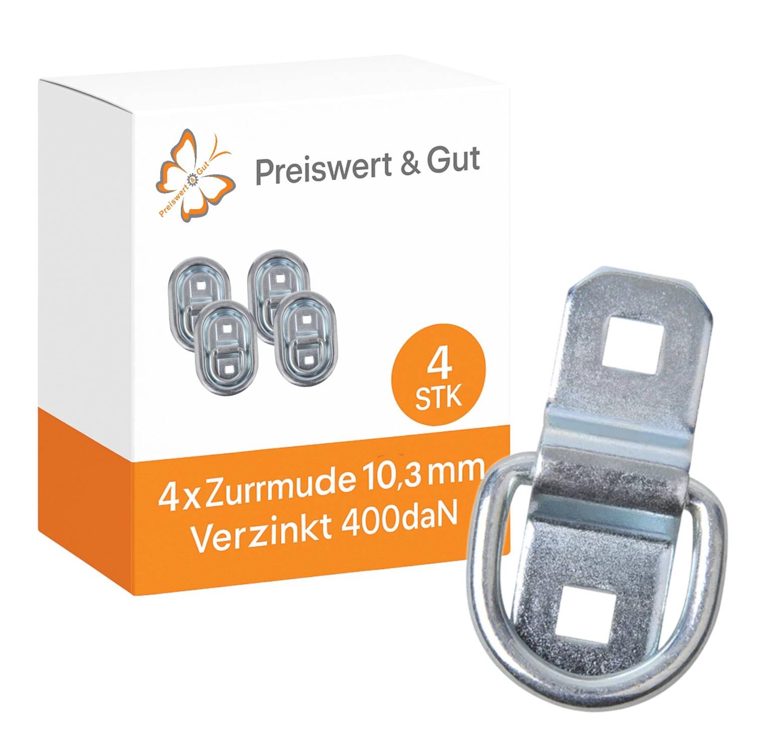 Verpackung für Zurrösen mit einer einzelnen Öse dargestellt. Text enthält '4x Zurrmude 10,3 mm Verzinkt 400daN' und '4 STK'.
