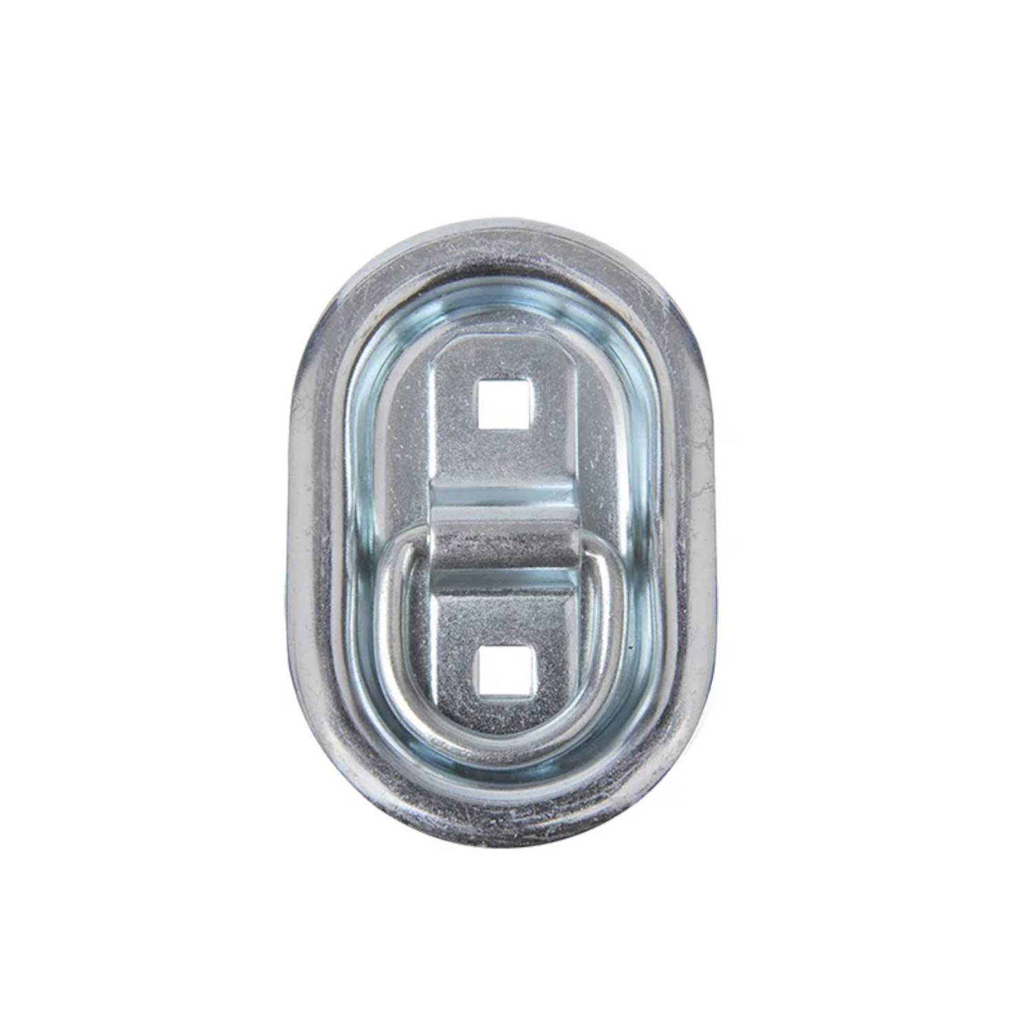 Metallene ovale Ringe mit zwei quadratischen Löchern und einer zentralen Schlaufe. Wird zur Ladungssicherung verwendet, wobei die silberne Beschichtung Haltbarkeit und Festigkeit verbessert.