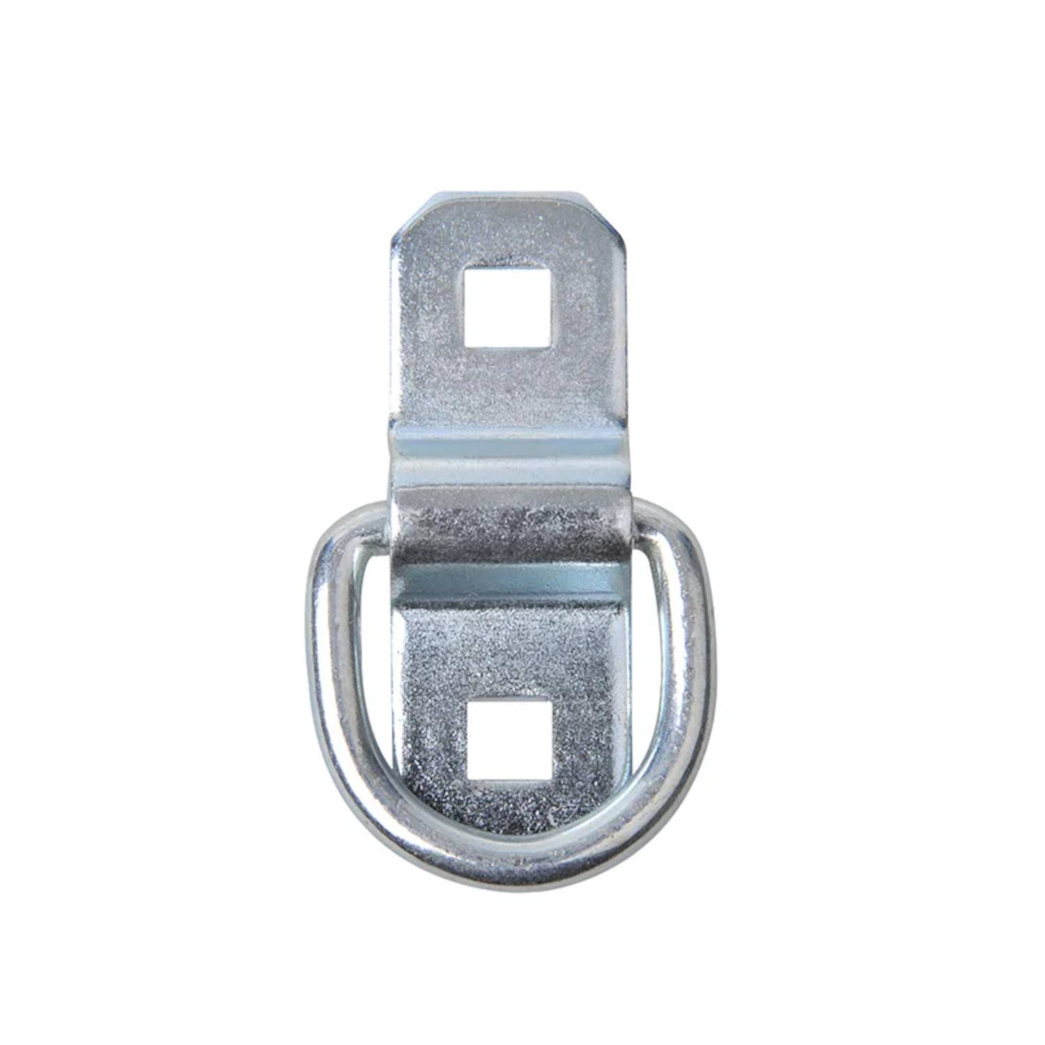 Ein Metall-Befestigungsanker mit einer ovalen Metallschlaufe und zwei quadratischen Befestigungslöchern zum Sichern von Gegenständen auf Oberflächen.
