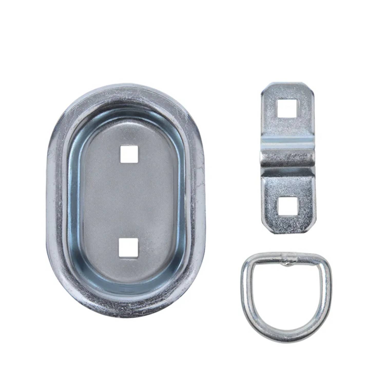 Drei Metallbefestigungen: eine ovale Einlasshalterung mit zwei quadratischen Löchern, eine lineare Halterung mit zwei quadratischen Ausschnitten und eine D-Ring-Halterung.