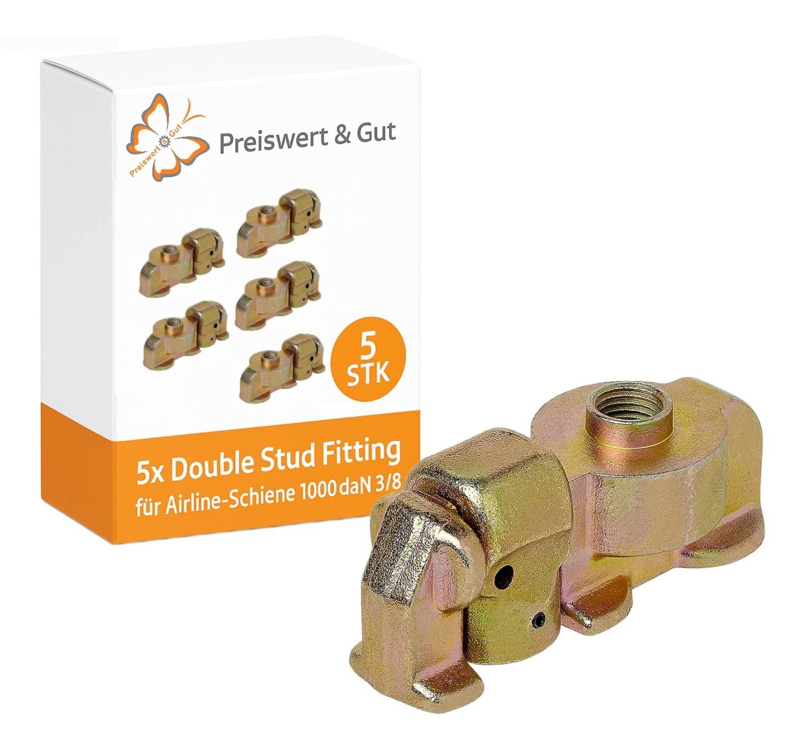 5x Doppelbolzen-Befestigung' mit einem Bild der Befestigungen. Deutscher Text erwähnt 'für Airline-Schiene 1000 daN 3/8' und 'Preiswert & Gut'.