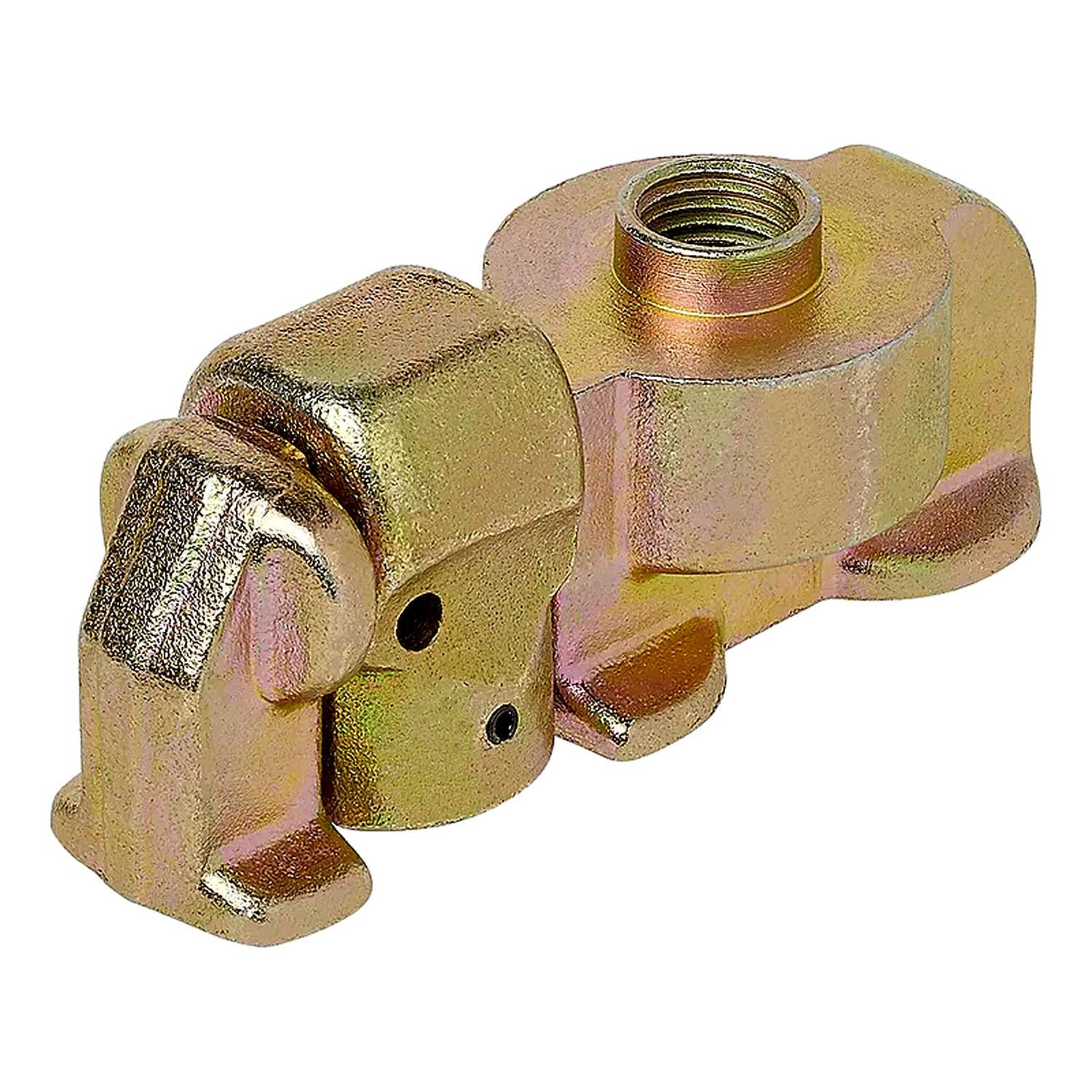 Eine messingfarbene Metallhalterung mit mehreren Löchern und einem Gewindeabschnitt oben, die wahrscheinlich zum Befestigen oder Verbinden von mechanischen Teilen verwendet wird.