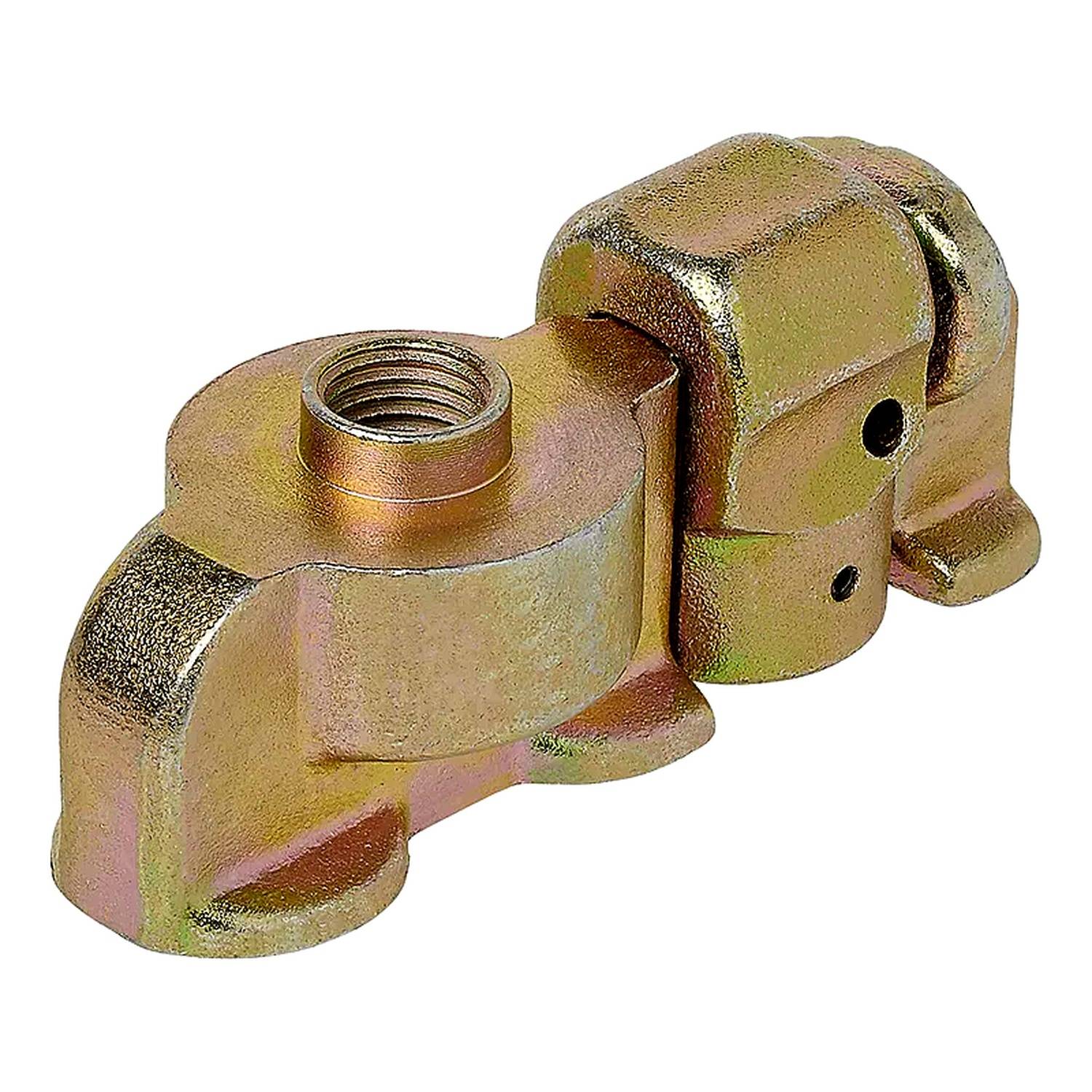 Eine messingfarbene Metallbremskomponente mit Gewindebohrungen und einer gebogenen Gestaltung, die in Fahrzeugbremssystemen verwendet wird.