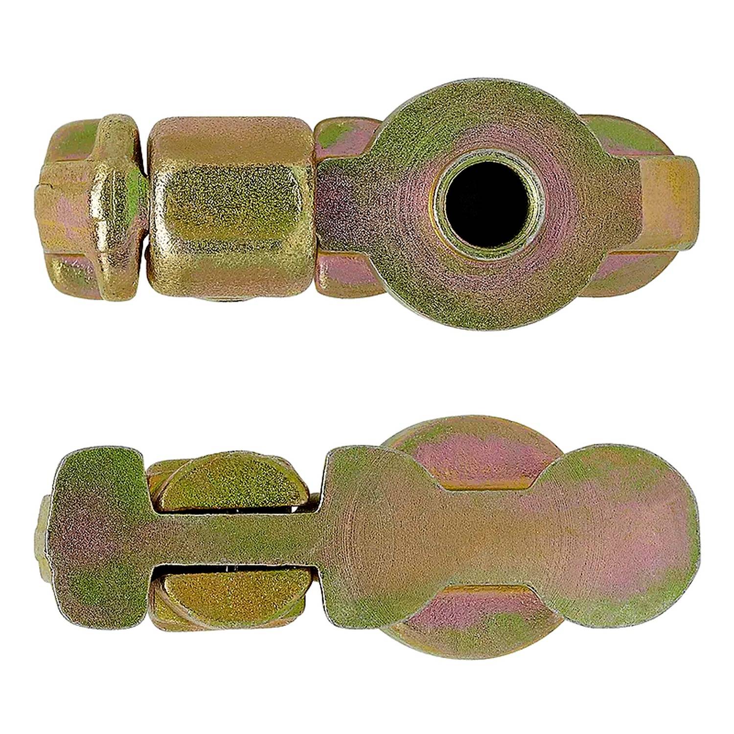 Obere und Seitenansicht eines metallischen, zylindrischen Kuppelstücks oder Verbinders mit einem hohlen Zentrum, verwendet in mechanischen oder sanitären Kontexten.