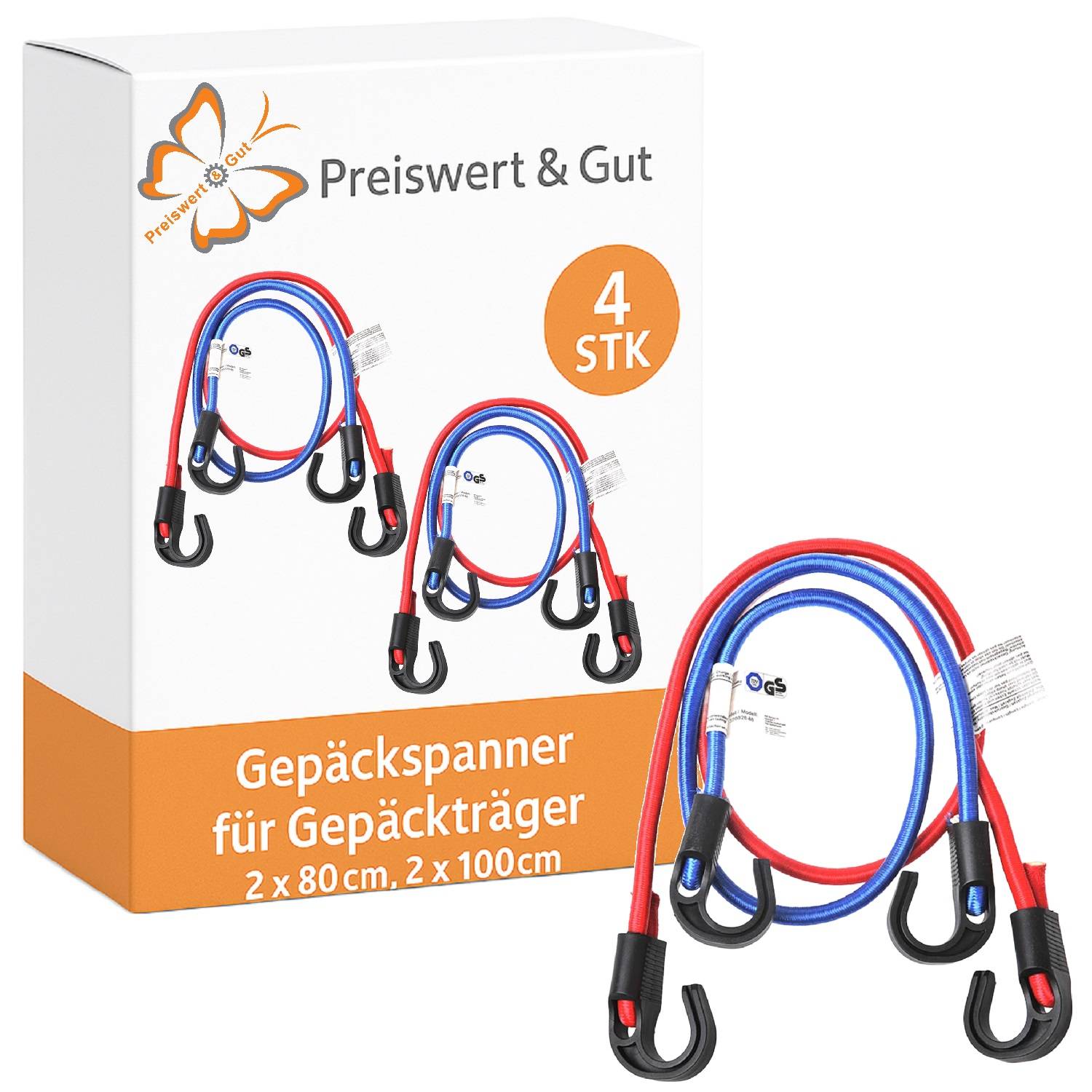 Preiswert & Gut' Box mit 4 Gepäckspannseilen, 2 rote und 2 blaue. Enthält 2 Seile à 80 cm, 2 Seile à 100 cm.