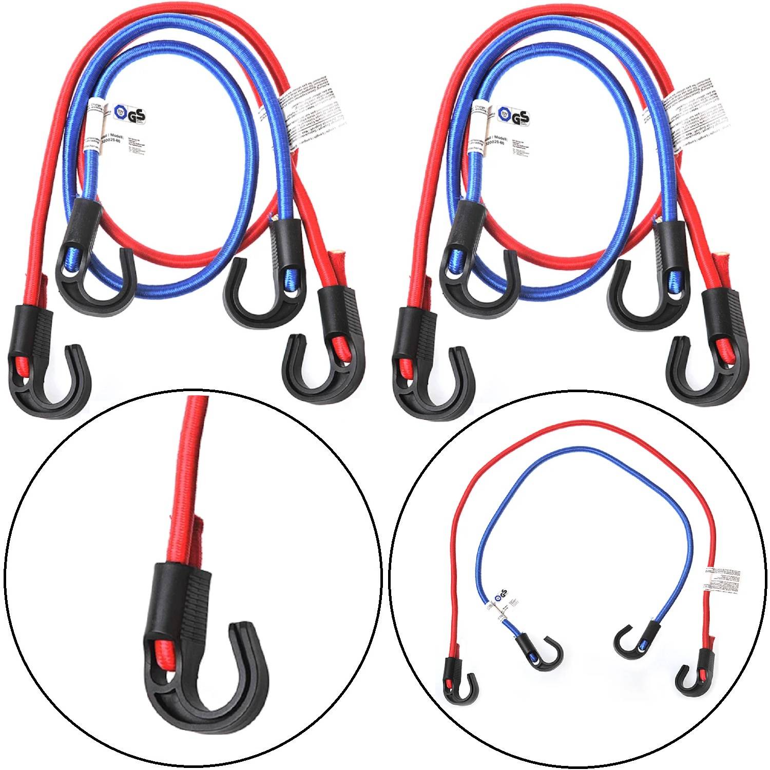 Elastische Spanngurte in Rot und Blau mit schwarzen Haken, zum Befestigen von Gegenständen. Jeder Gurt ist mit Etiketten versehen, die die Spezifikationen anzeigen.