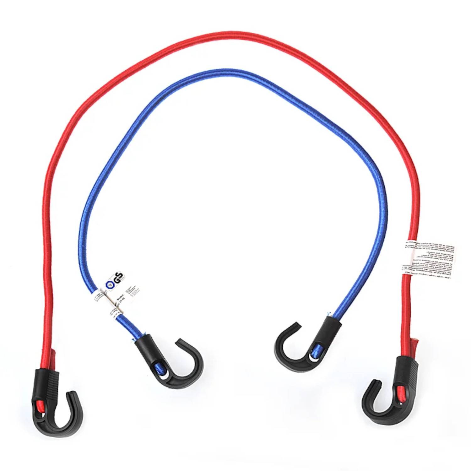 Zwei elastische Bungee-Seile mit Haken, eines rot, eines blau, werden gezeigt. Die Seile sind gekrümmt und haben schwarze Haken an beiden Enden mit angehängten Etiketten.