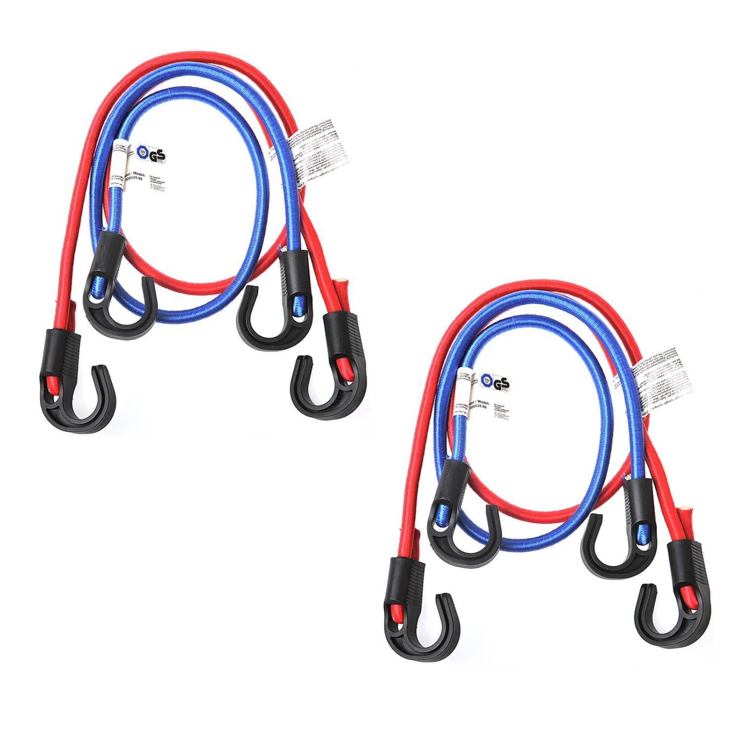 Zwei Sets von Spanngurten, jedes mit roten und blauen Seilen, mit schwarzen Haken an jedem Ende und einer Beschriftung in der Nähe der Haken.