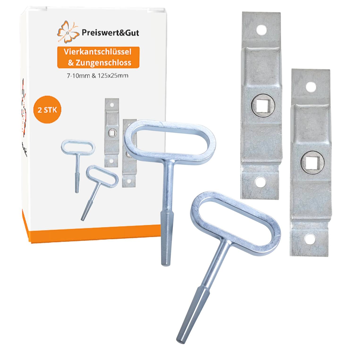 Das Set 'Preiswert&Gut Vierkantschlüssel & Zungenschloss' enthält zwei Metallschlüssel und Schlösser für 7-10mm, 12,5x25mm Anwendungen.