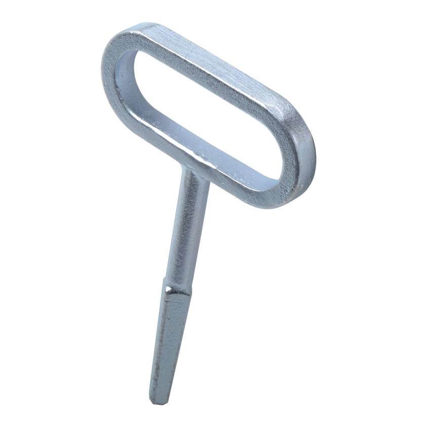 Ein silberner Metallschlüssel mit ovalem Griff, der üblicherweise zum Aufziehen von mechanischen Uhren oder Spielzeugen verwendet wird.