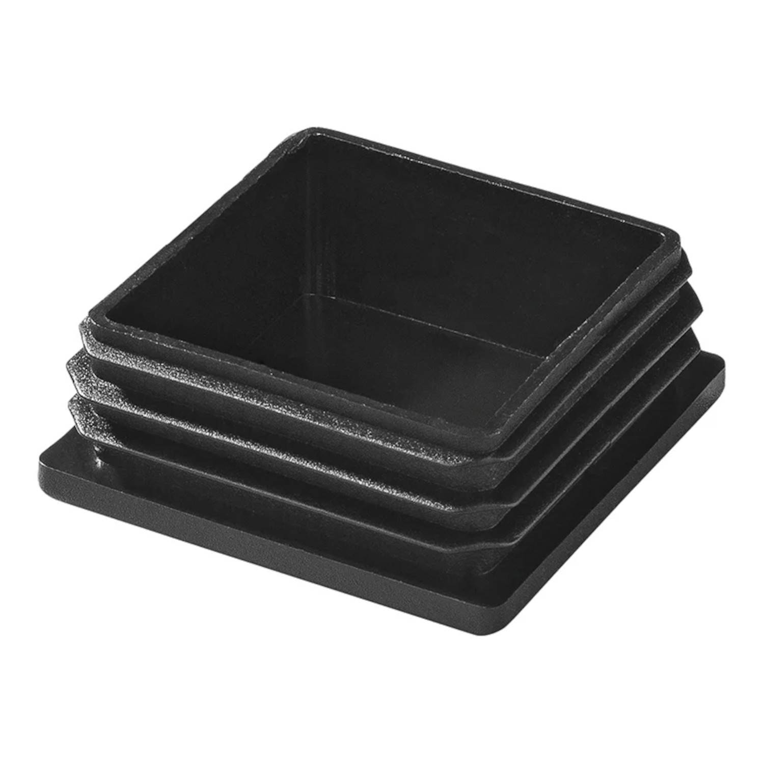 Ein Stapel aus vier quadratischen schwarzen Tabletts, wobei jedes Tablett etwas kleiner ist als das darunter, wodurch eine gestaffelte Anmutung entsteht.