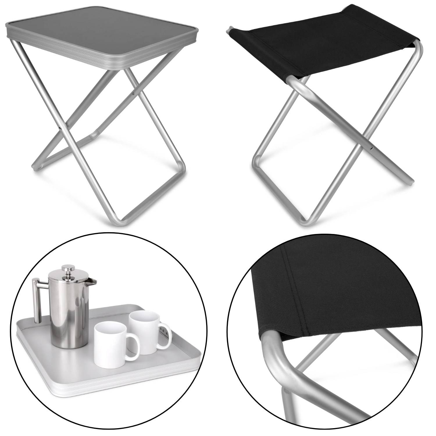 Klappbarer Tisch- und Stuhlsatz in Schwarz mit silbernen Rahmen; zeigt kreisförmige Einblendungen eines silbernen Tabletts mit Tassen und eine Nahaufnahme des Stuhlbezugs.