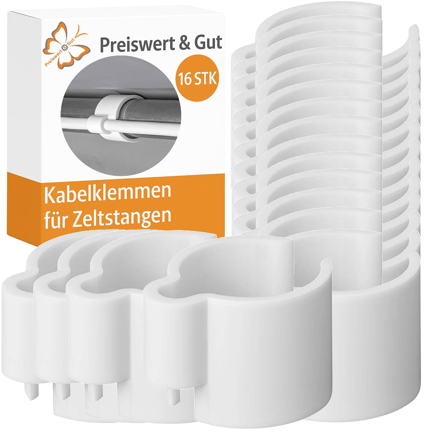 Preiswert & Gut' Klemmen für Zeltstangen, 16 Stück, weiß. Bild zeigt Klemmen neben Verpackung.