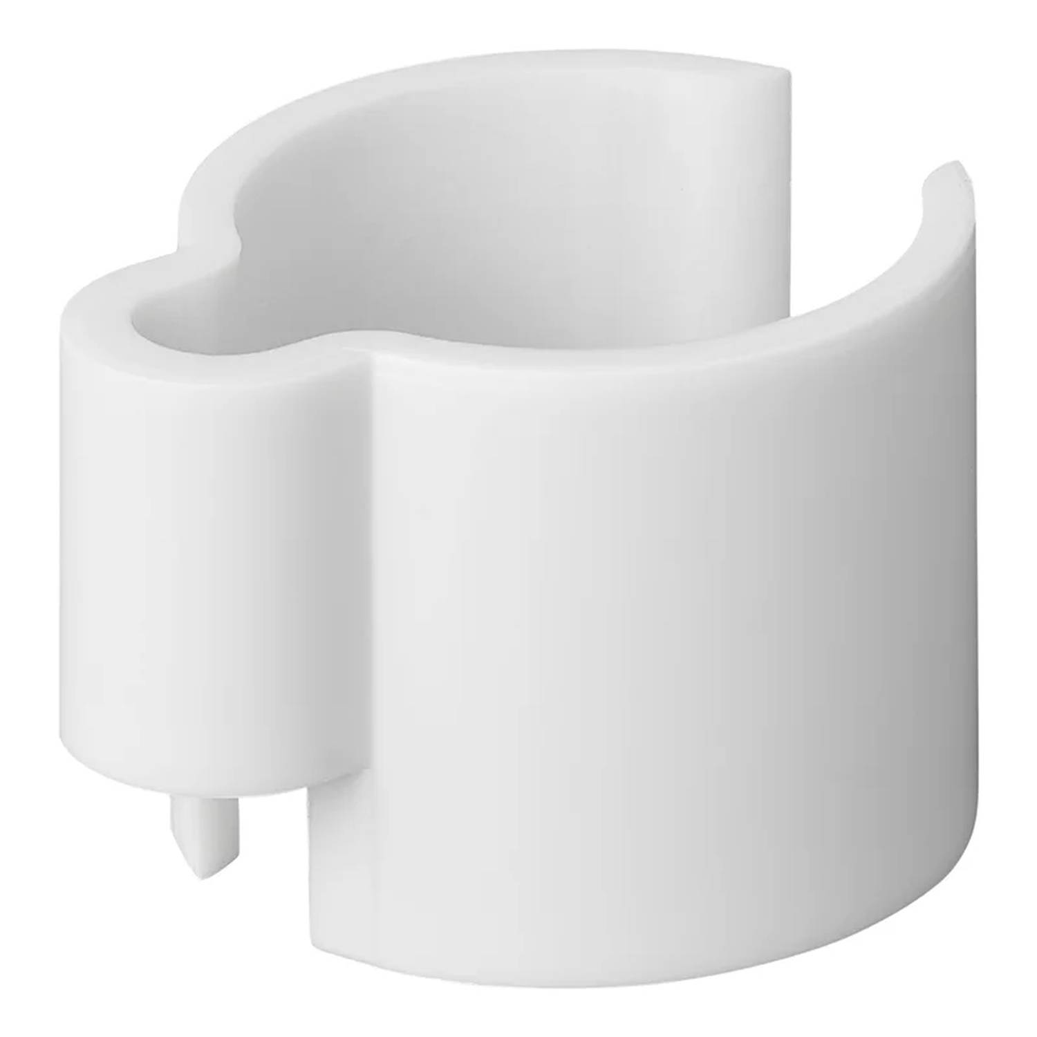 Ein weißer, zylindrischer Plastikclip mit geschwungener Form und einem kleinen vorstehenden Zapfen.