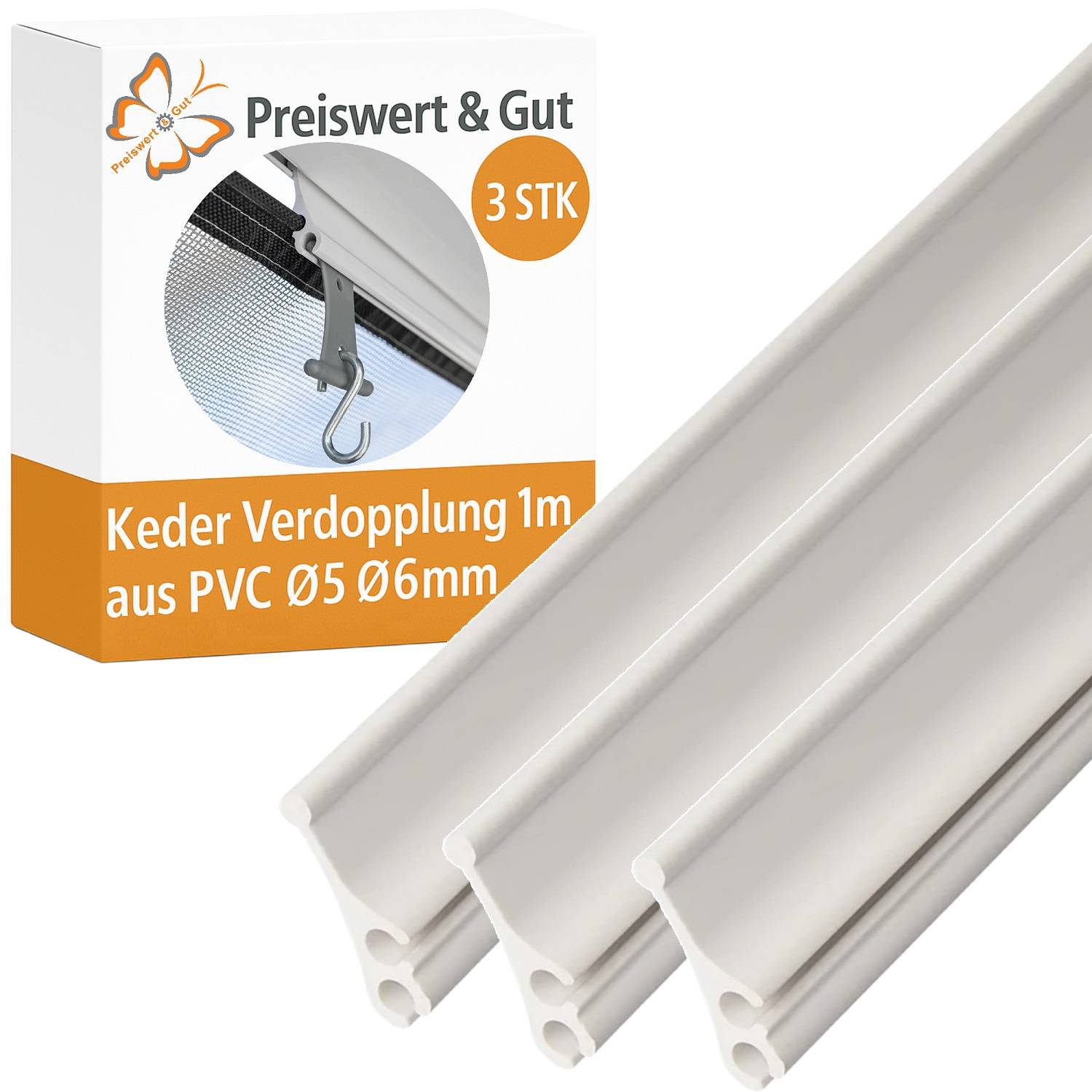 Verpackung für 'Preiswert & Gut' Marke, 3 Stück PVC-Rohre à 1m, Ø5-6mm, dargestellt neben einer Nahaufnahme des Produkts.