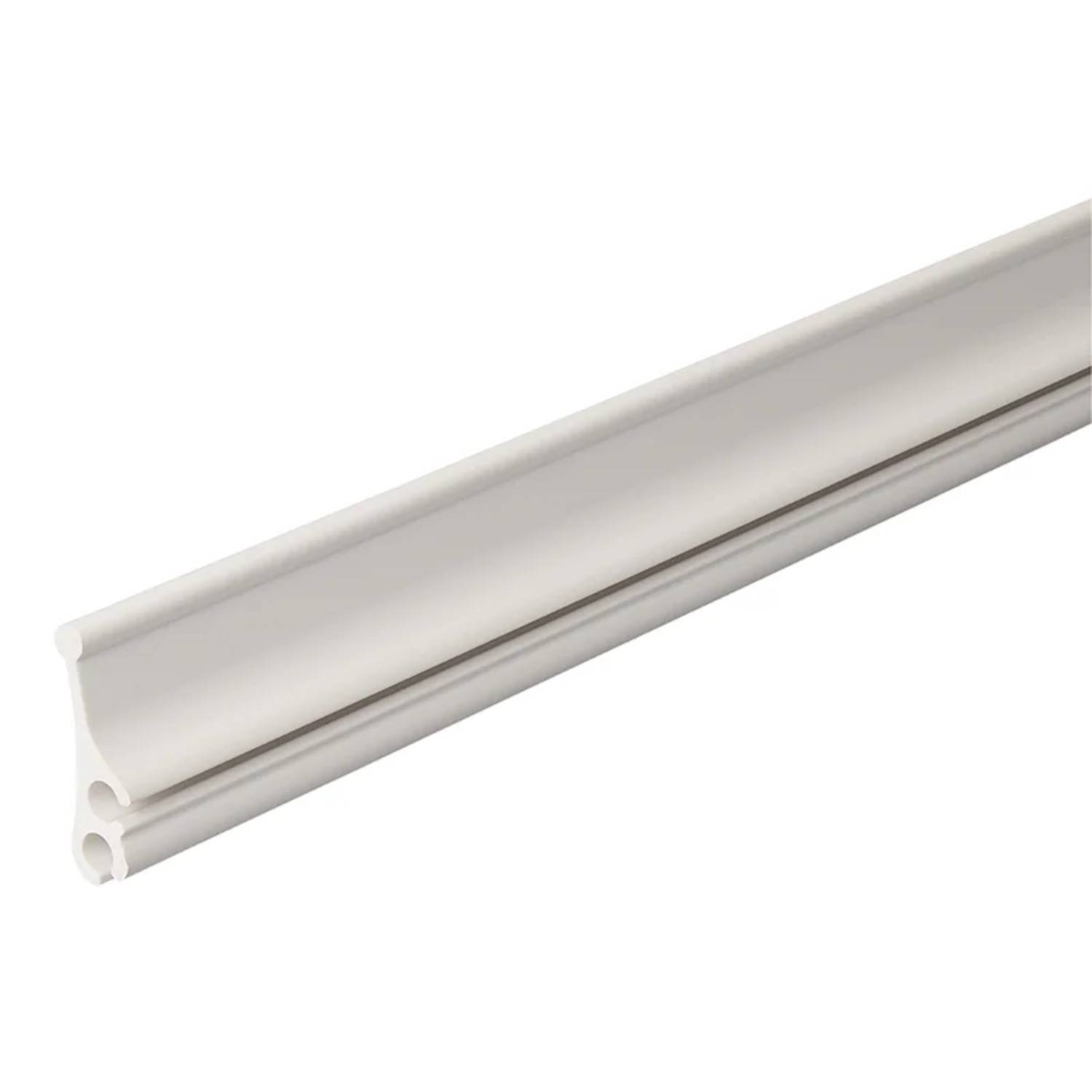 Ein weißer, J-förmiger Duschtürdichtungsstreifen, der entwickelt wurde, um Wasserlecks zu verhindern und üblicherweise am unteren Rand von Duschtüren verwendet wird.