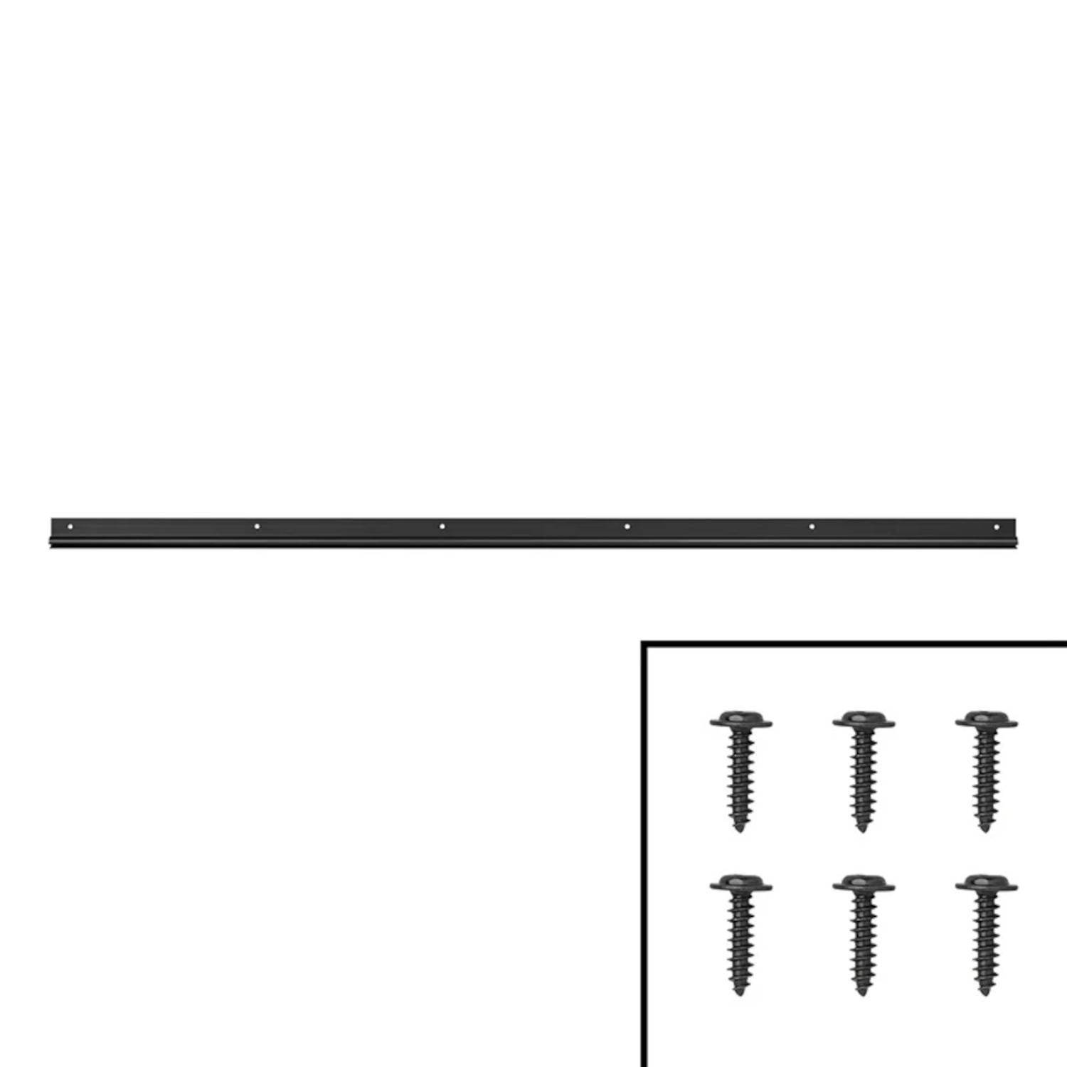 Eine Metallmontage-Schiene mit vorgebohrten Löchern ist zusammen mit sechs Schrauben abgebildet, was Teile eines wandmontierten Montagsystems zeigt.