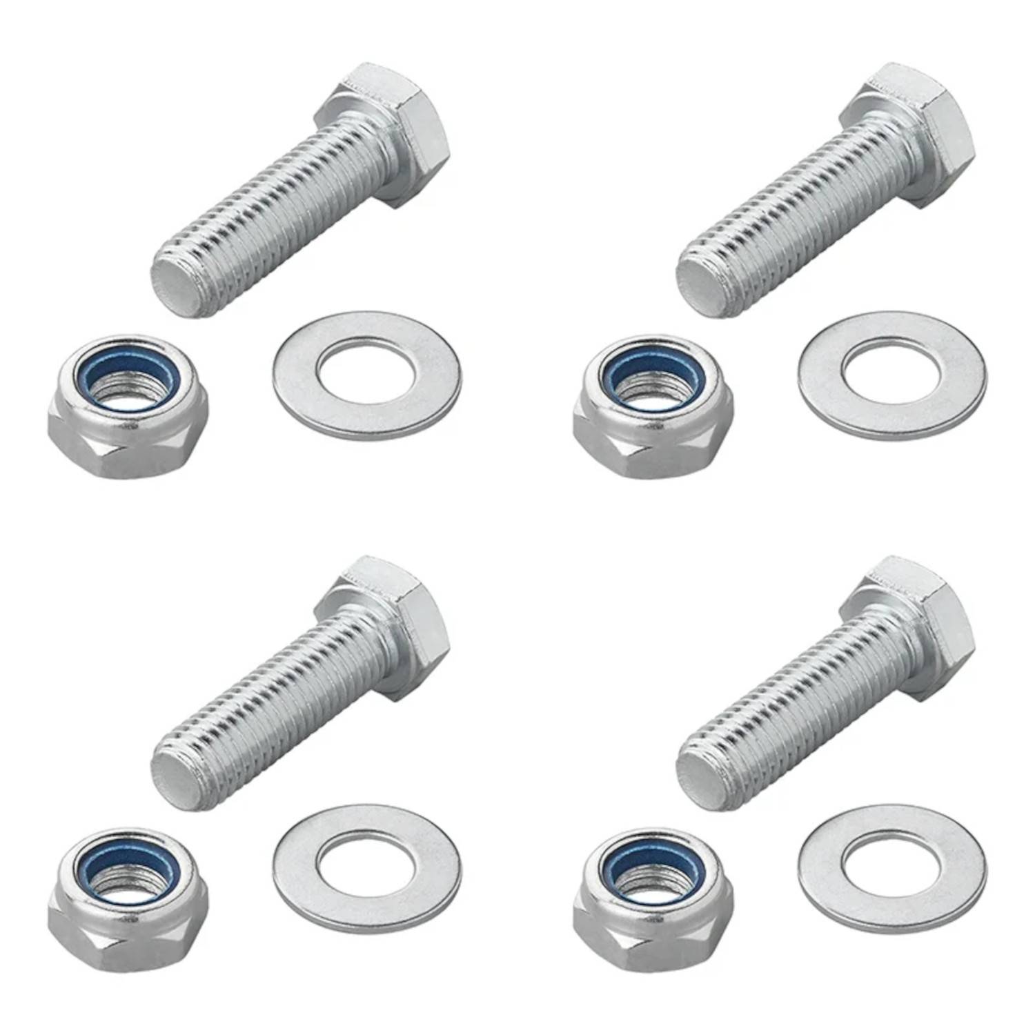 Vier Sätze von Schrauben, Muttern und Unterlegscheiben, die in einem Raster angeordnet sind. Jeder Satz umfasst eine zylindrische Schraube, eine sechskantförmige Mutter und eine flache Unterlegscheibe.