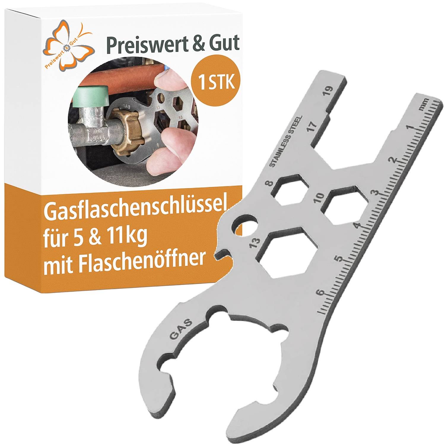 Ein Werkzeug, das zum Öffnen von Gasflaschen entwickelt wurde, mit verschiedenen sechseckigen Aussparungen, versehen mit einer Verpackung, die mit 'Gasflaschenschlüssel für 5 & 11kg mit Flaschenöffner' beschriftet ist.