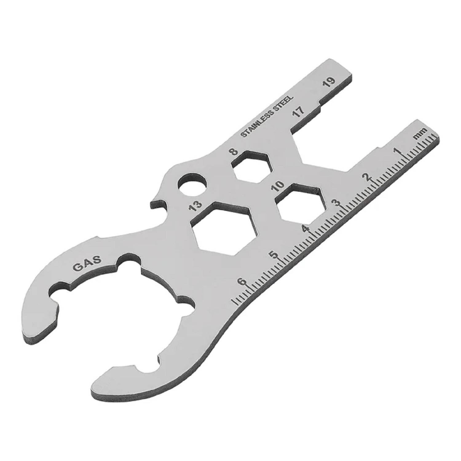 Ein Multitool mit einer Gasschlüssel, Sechskantschlüsseln, Flaschenöffner und einem Lineal mit Millimeterabmessungen, gefertigt aus Edelstahl.