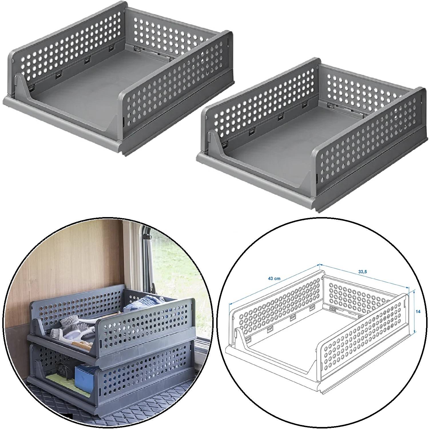 Graue stapelbare Aufbewahrungskörbe; gelocht; Abmessungen: 42 cm x 33,5 cm x 14 cm. Abbildung zeigt gestapelte Körbe mit Haushaltsgegenständen.
