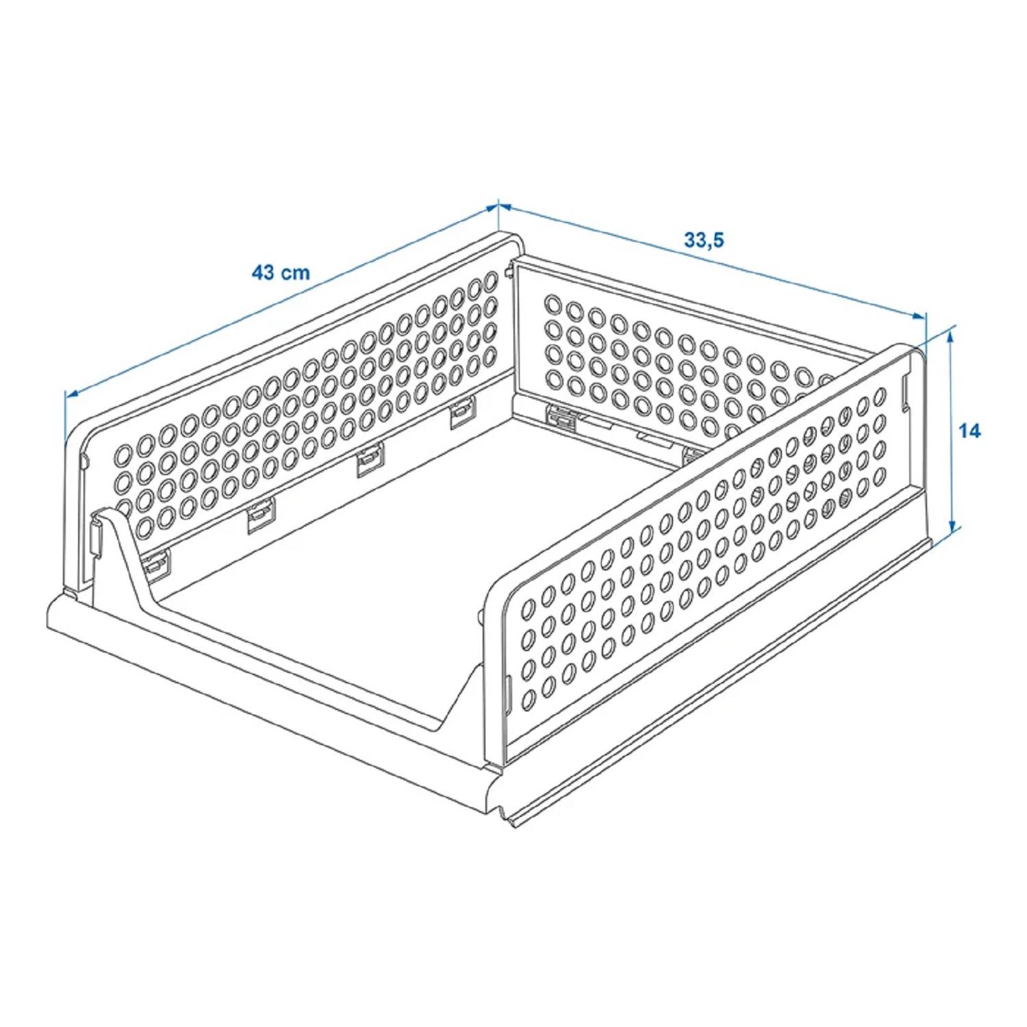 Stapelbarer Korb-Diagramm mit Maßangaben: 43 cm breit, 33,5 cm tief und 14 cm hoch, mit gelochtem Design für Luftzirkulation.