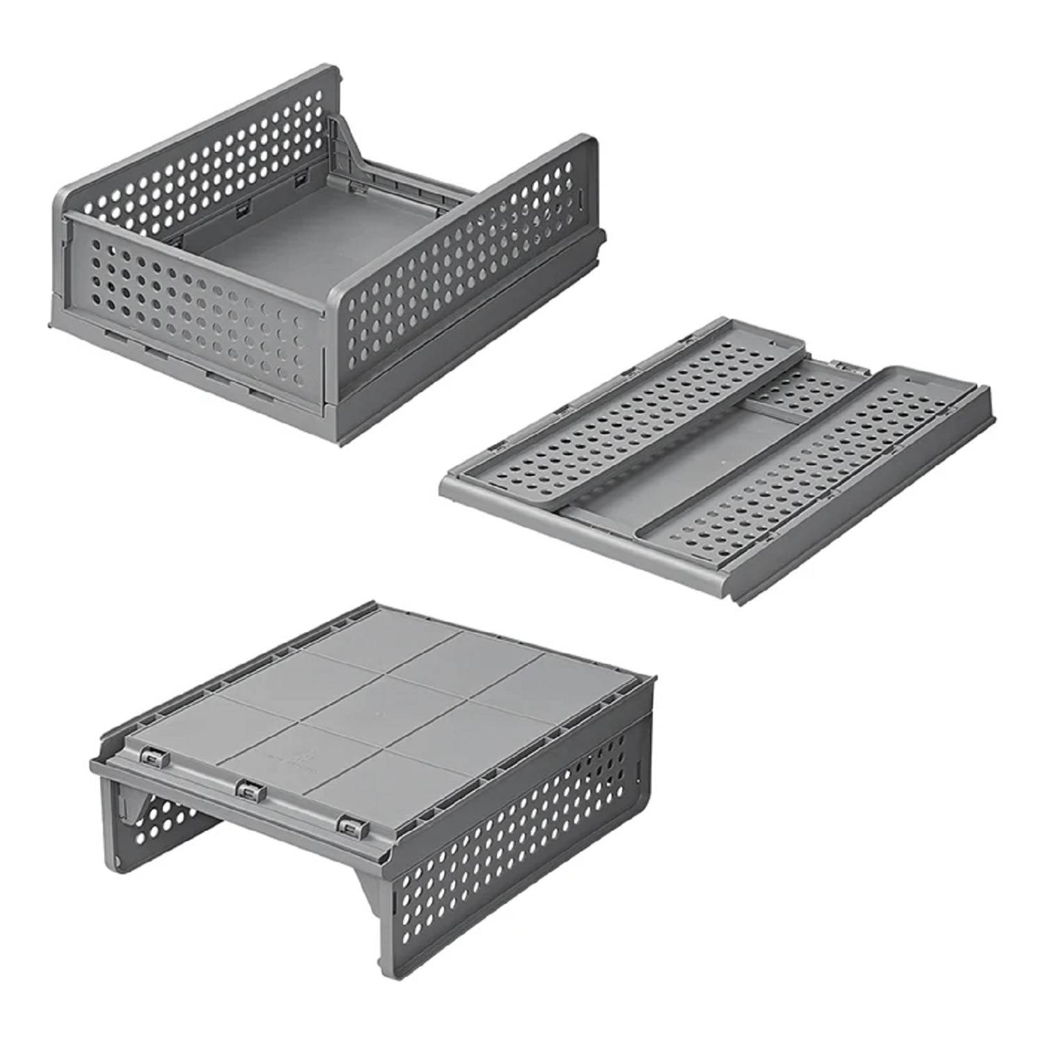 Drei stapelbare, zusammenfaltbare graue Kunststoff-Aufbewahrungsboxen, dargestellt in zusammengebautem, gefaltetem und umgedrehtem Zustand, entwickelt für vielseitigen Einsatz.