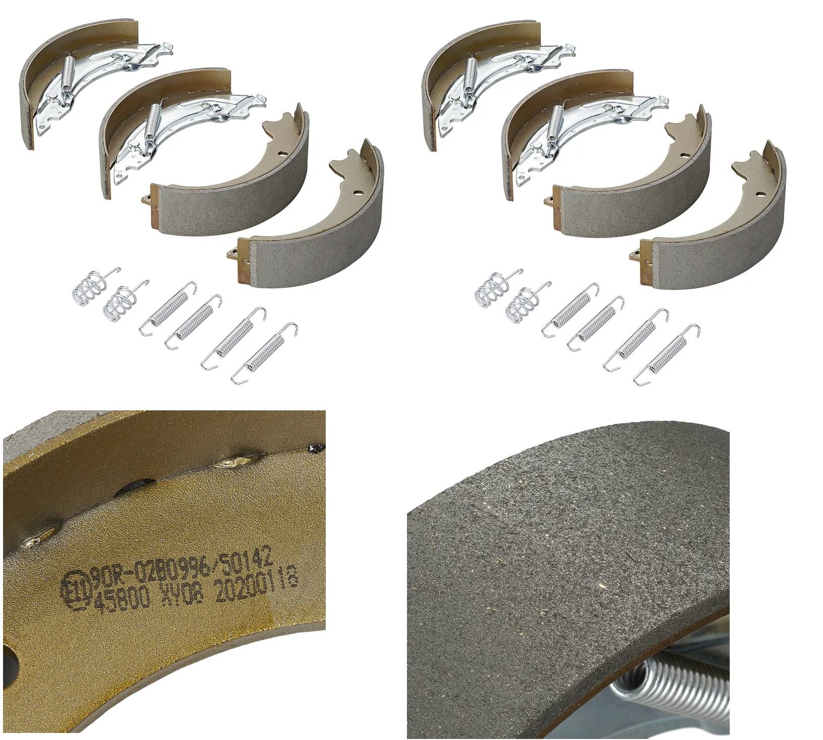Satz von vier Bremsbacken mit Federn und einer detaillierten Nahaufnahme, die Teilenummern und das Herstellerzeichen zeigt.