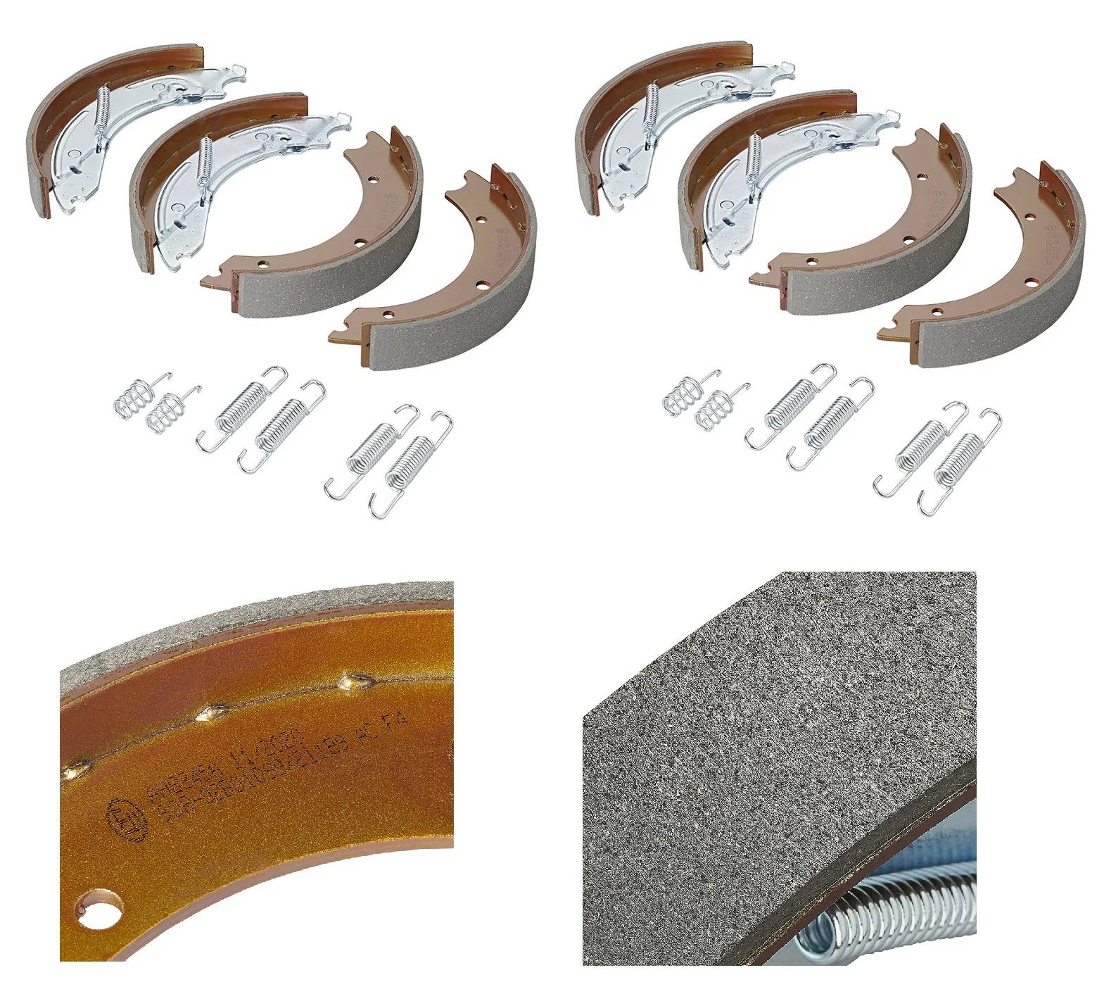 Bremsensatz mit acht Bremsbacken, Federn und Clips. Nahaufnahme zeigt die Textur der Bremsbeläge und die eingravierte Teilenummer.