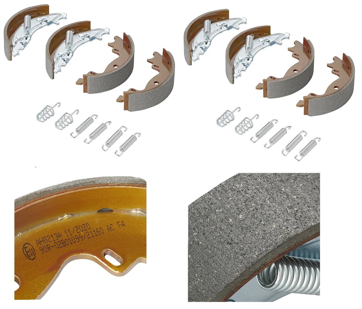 Bremsbackensatz mit Federn und Zubehör, einschließlich Nahaufnahme der Schuhteilekennung und strukturierter Oberfläche.