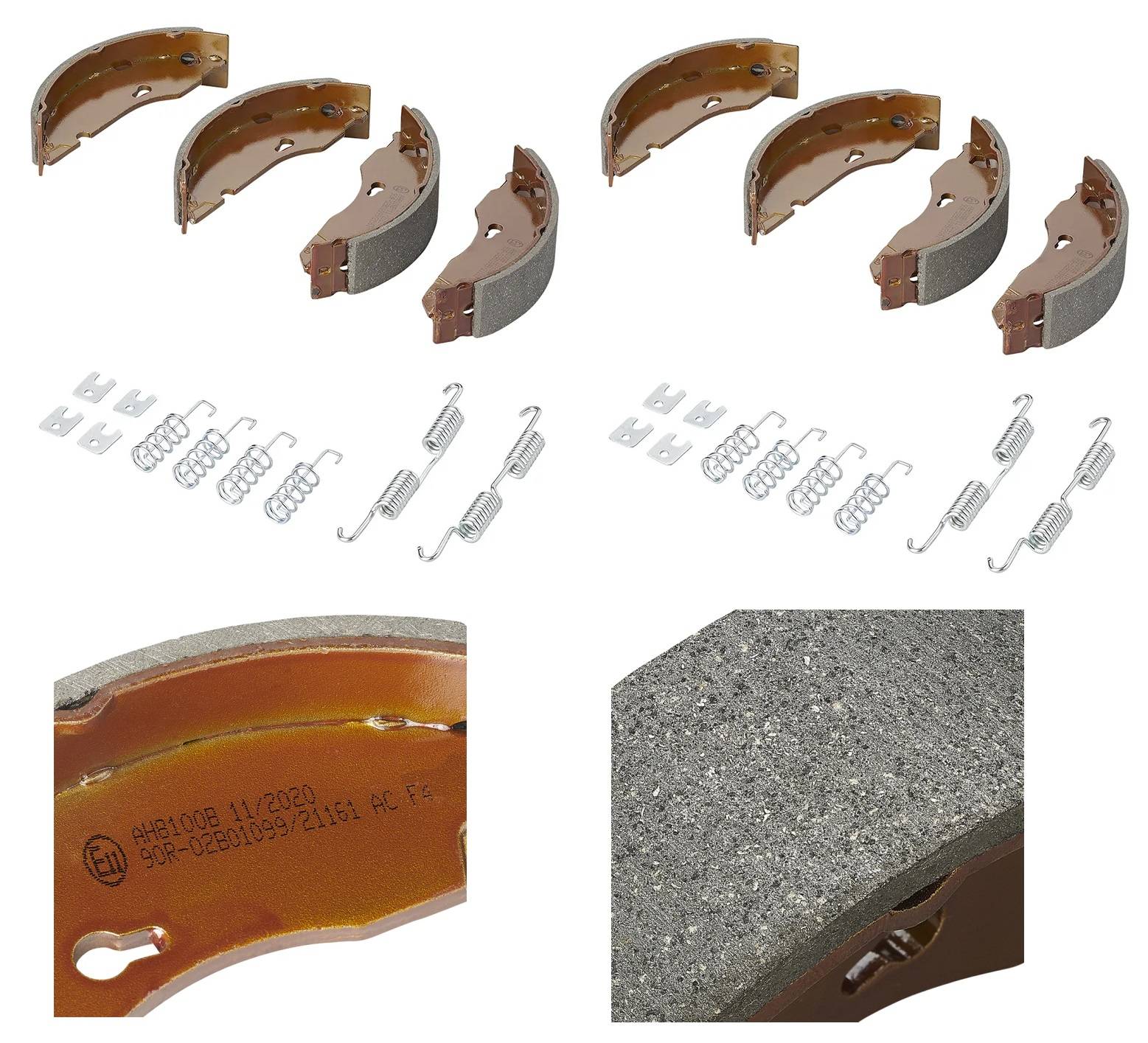 Auto-Bremsbacken-Set bestehend aus fünf Bremsbacken, Spannfedern und Metallklammern, geeignet für Wartung oder Austausch des Fahrzeug-Bremssystems.