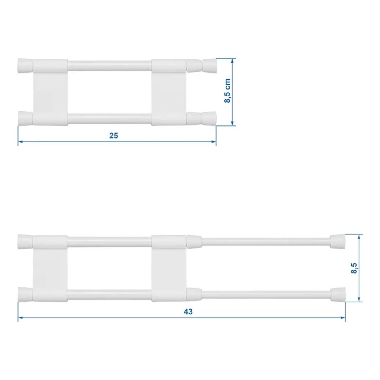 Zwei weiße, verstellbare Handtuchhalter werden in unterschiedlichen ausgefahrenen Längen gezeigt. Der obere Halter misst 25 cm in der Breite und 8,5 cm in der Höhe, während der untere Halter 43 cm breit und 8,5 cm hoch ist.